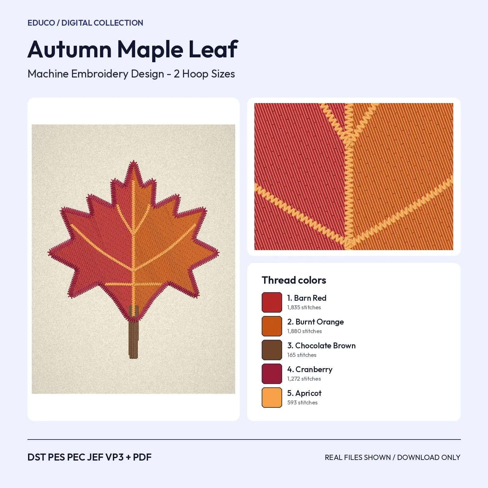 Two-Tone Autumn Maple Leaf Machine Embroidery Design - Veined Leaf, 4x4 and 5x7 Hoop, preview 1 of 4