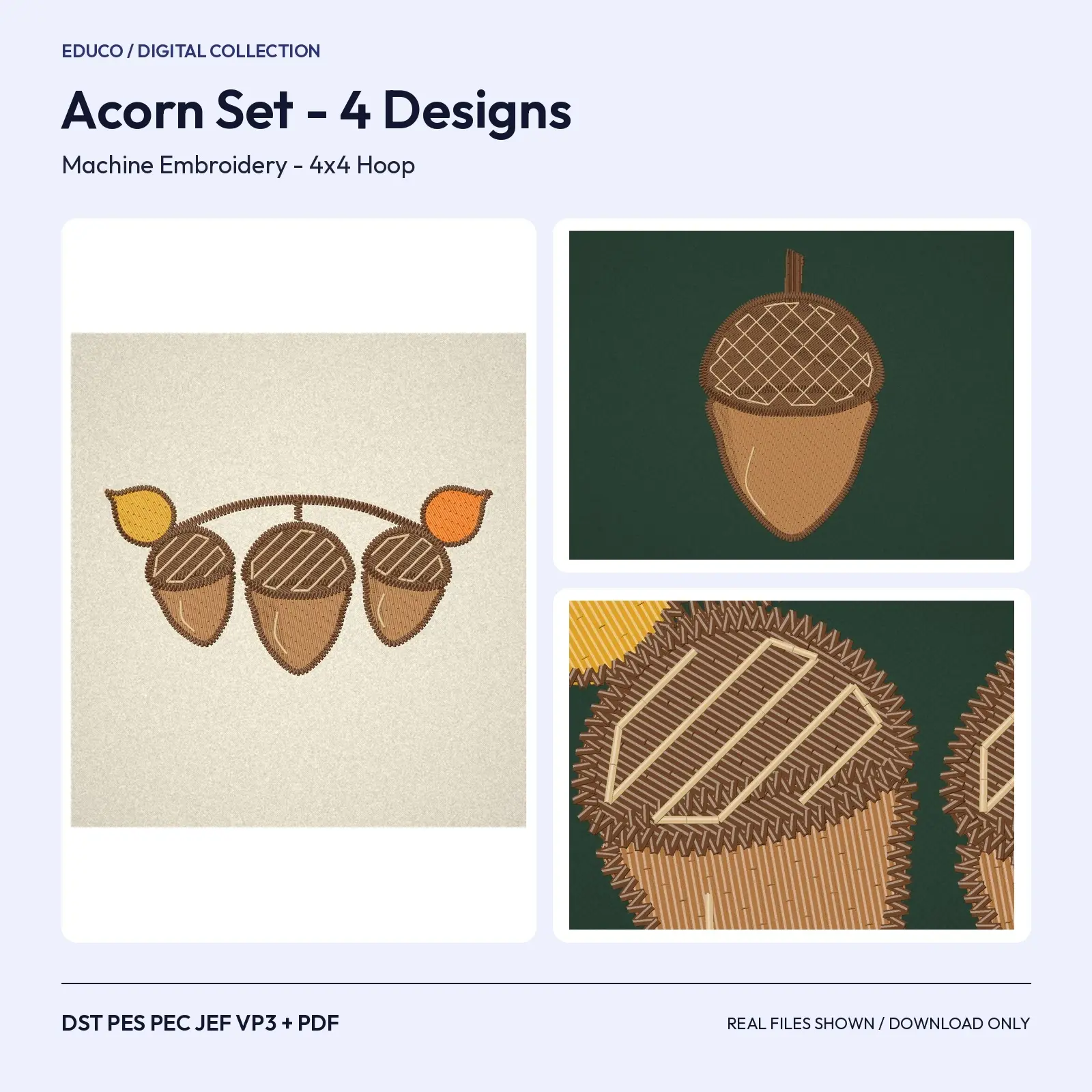 Acorn Machine Embroidery Set - 4 Designs: Acorn Trio, Cross-Hatch Cap, Plaid Cap and Smiling Acorn, 4x4 Hoop preview