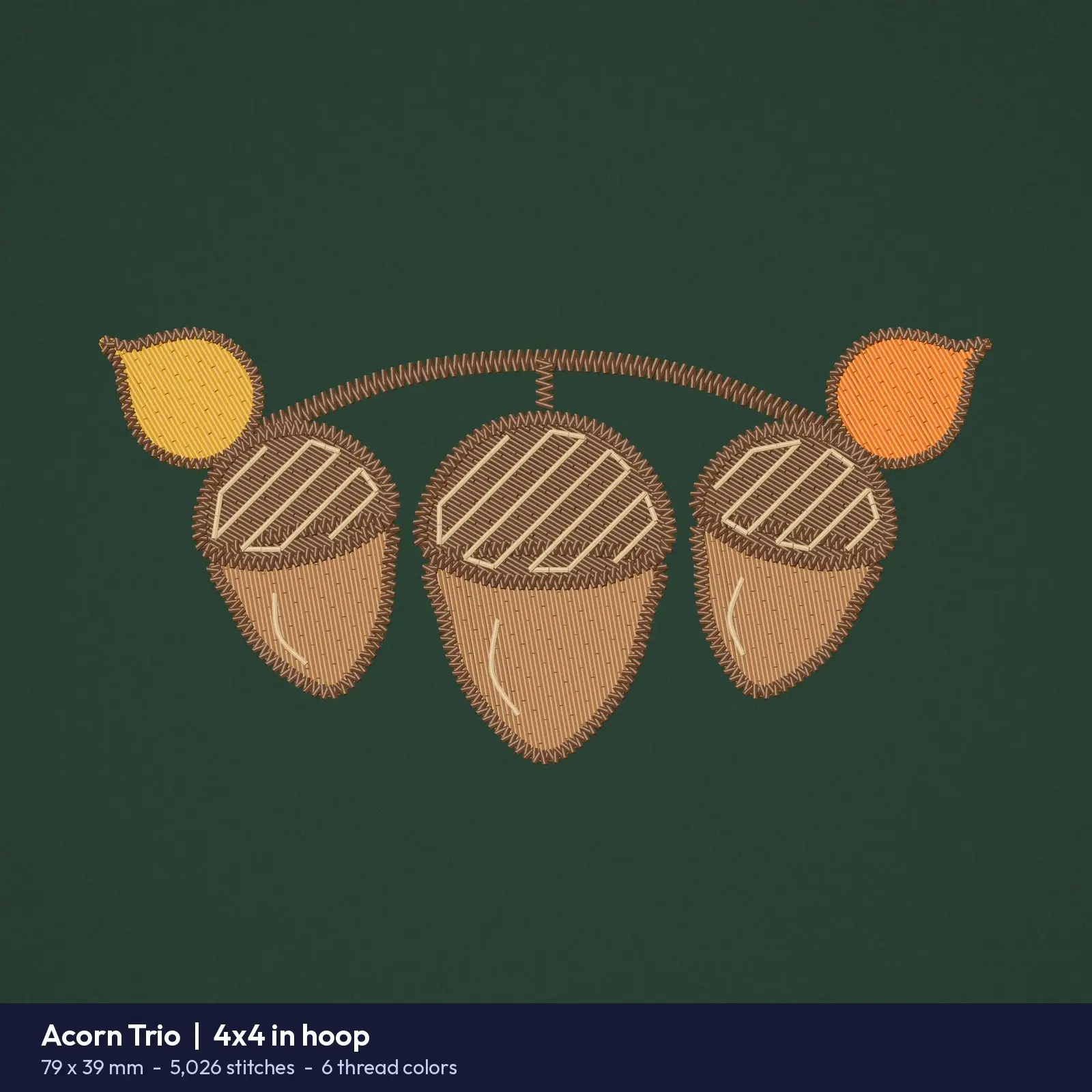 Acorn Machine Embroidery Set - 4 Designs: Acorn Trio, Cross-Hatch Cap, Plaid Cap and Smiling Acorn, 4x4 Hoop, preview 2 of 4