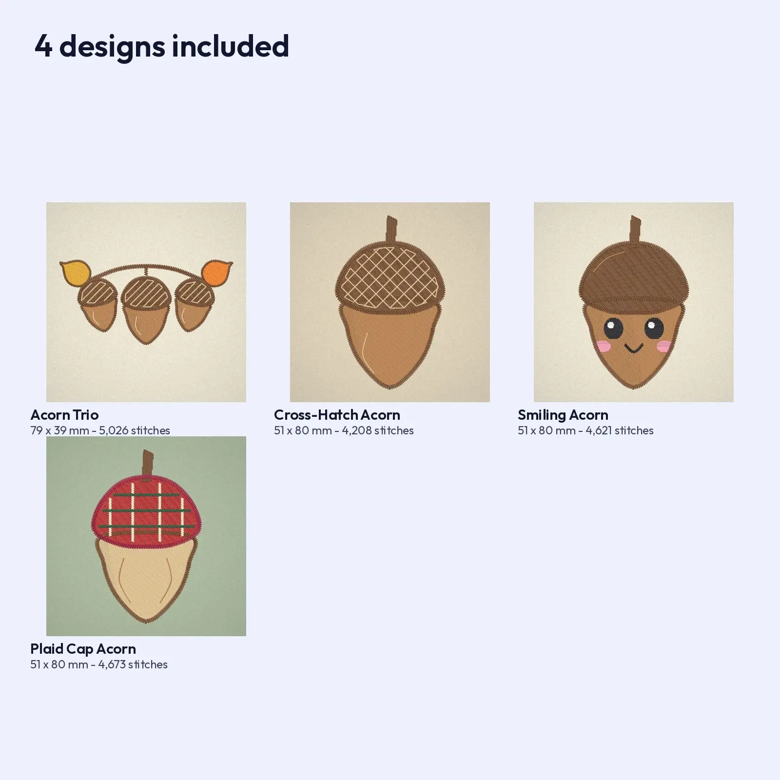 Acorn Machine Embroidery Set - 4 Designs: Acorn Trio, Cross-Hatch Cap, Plaid Cap and Smiling Acorn, 4x4 Hoop, preview 3 of 4