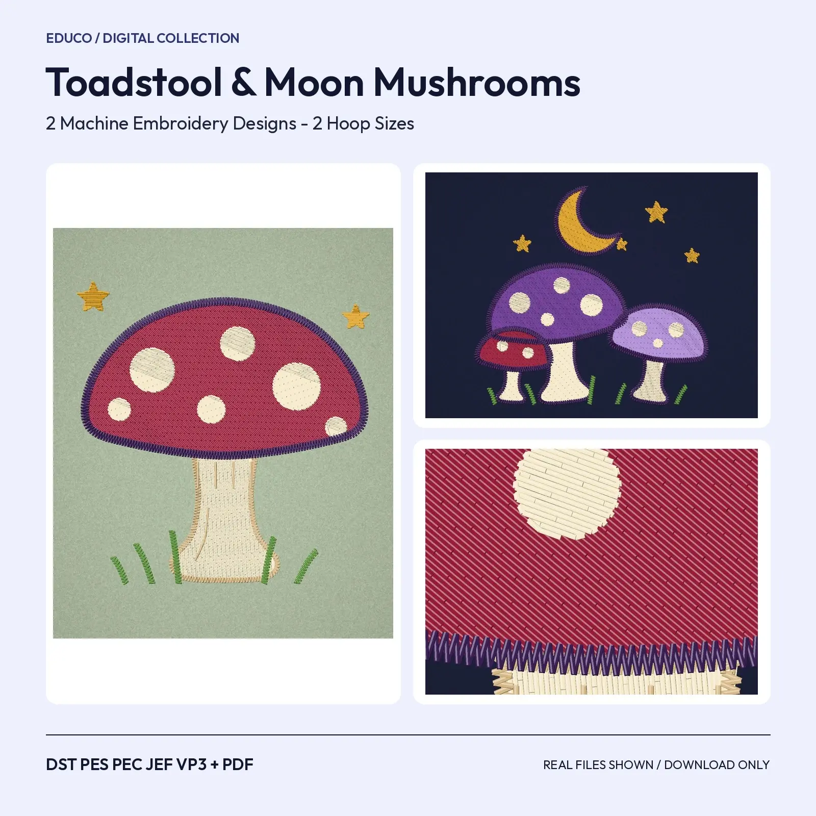 Toadstool and Moonlit Mushroom Cluster Machine Embroidery Designs - 2 Witchy Designs, 4x4 and 5x7 Hoop preview