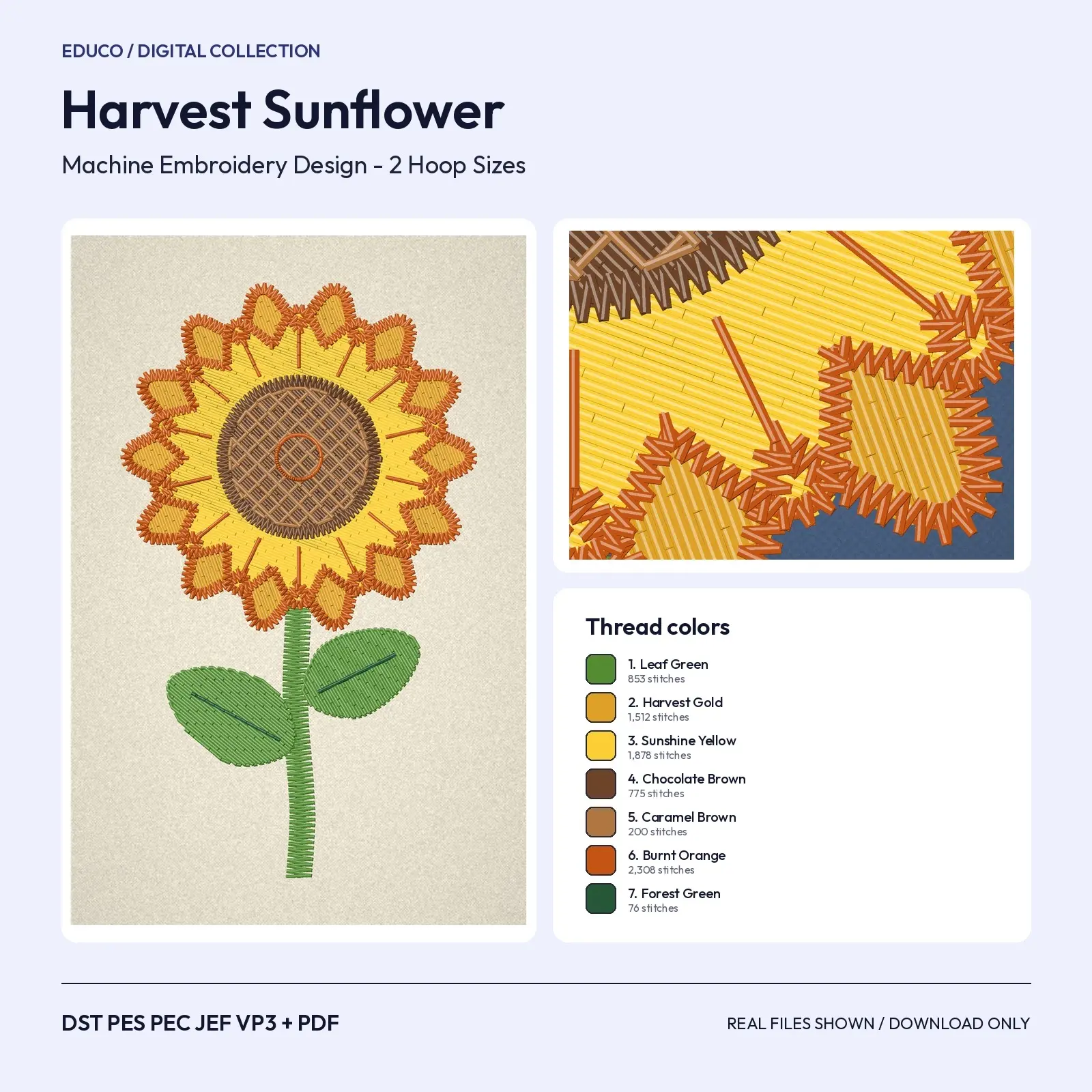 Sunflower with Stem and Leaves Machine Embroidery Design - Harvest Bloom, 4x4 and 5x7 Hoop preview