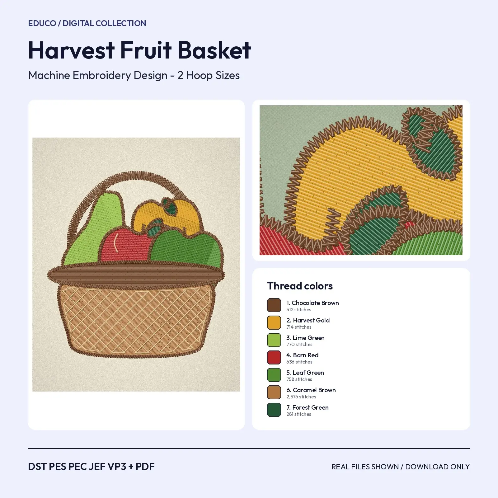 Harvest Basket of Apples and Pear Machine Embroidery Design - Woven Basket, 4x4 and 5x7 Hoop preview