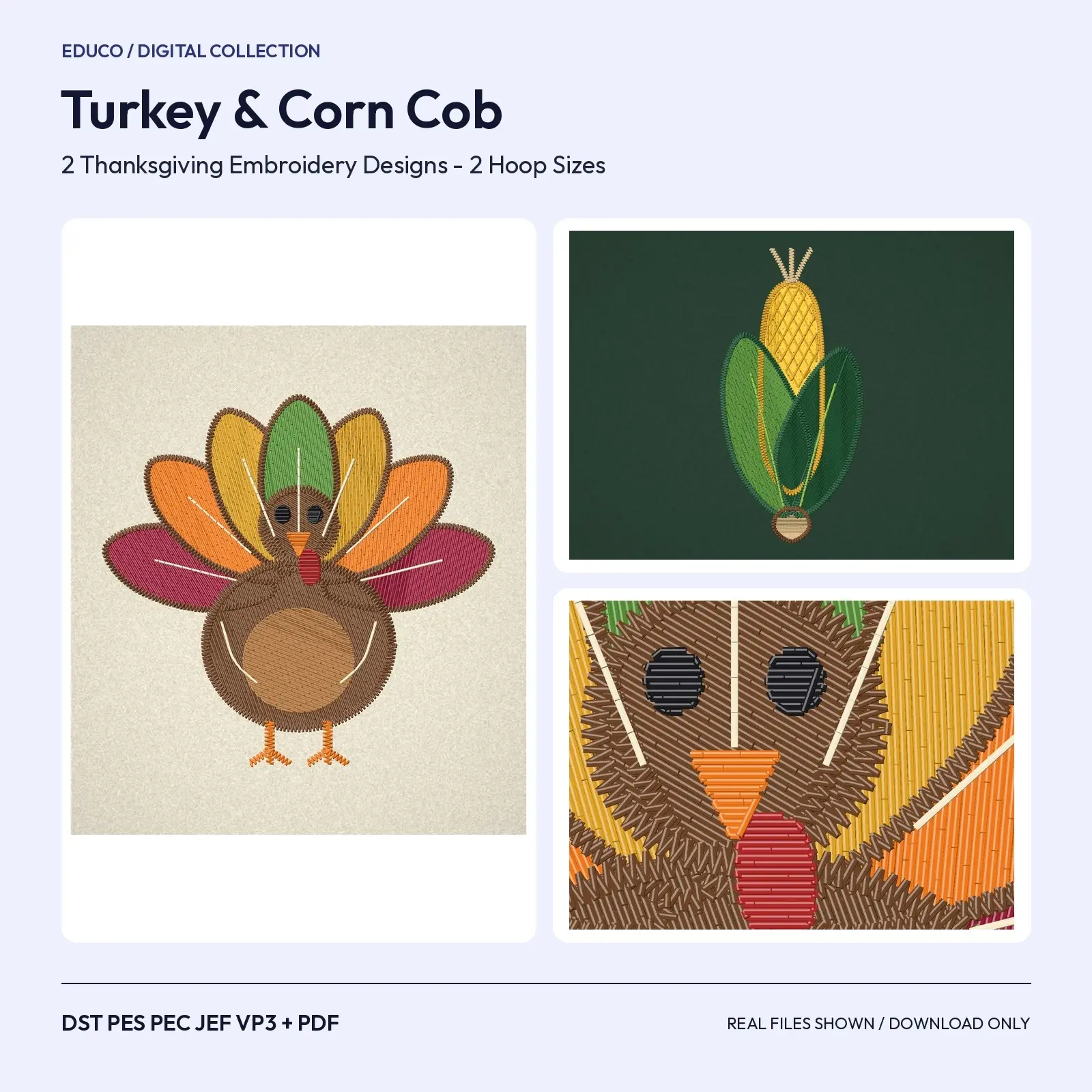 Cute Turkey and Corn Cob Thanksgiving Machine Embroidery Designs - 2 Designs, 4x4 and 5x7 Hoop preview