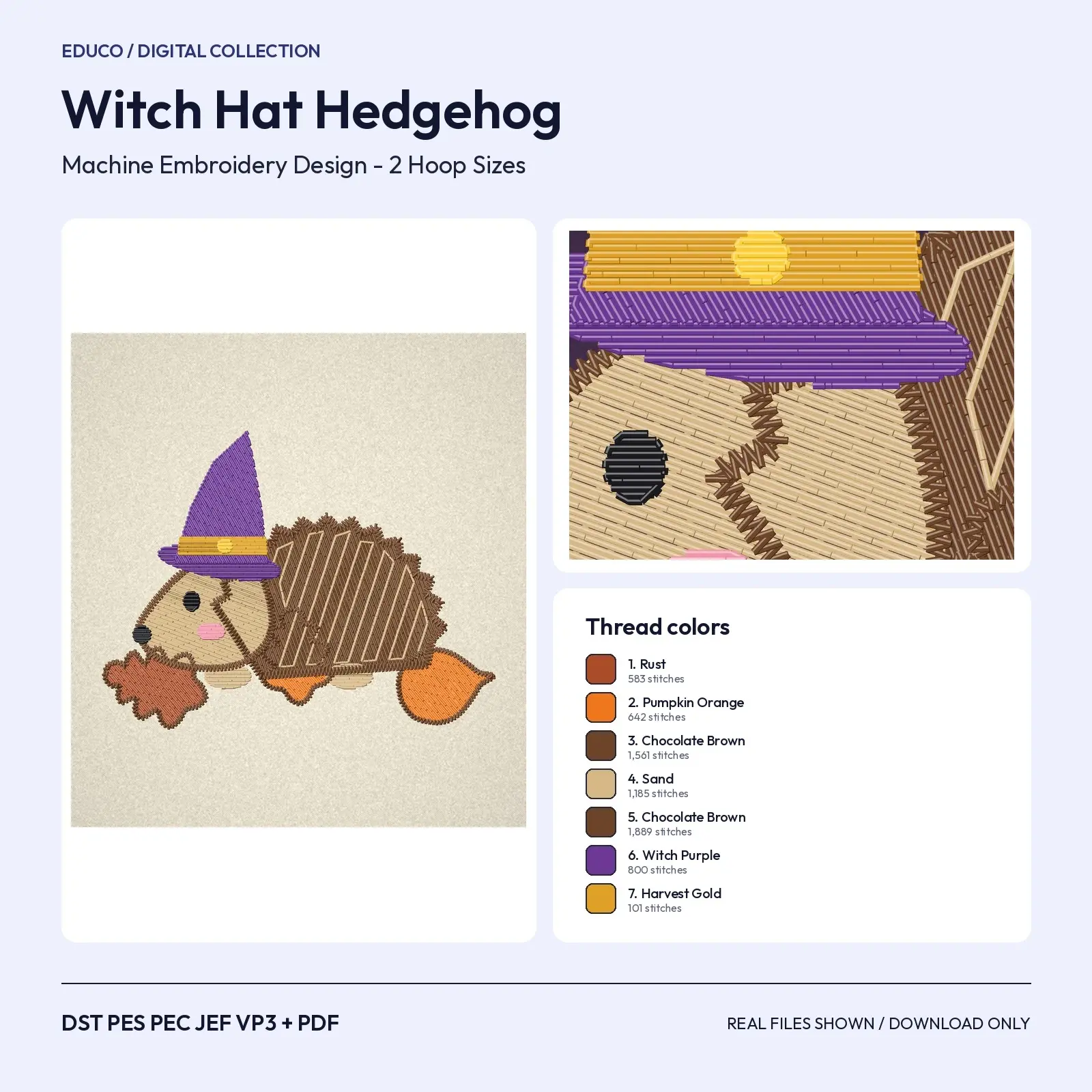 Hedgehog in a Witch Hat on Autumn Leaves Machine Embroidery Design - Cute Woodland Animal, 4x4 and 5x7 Hoop preview