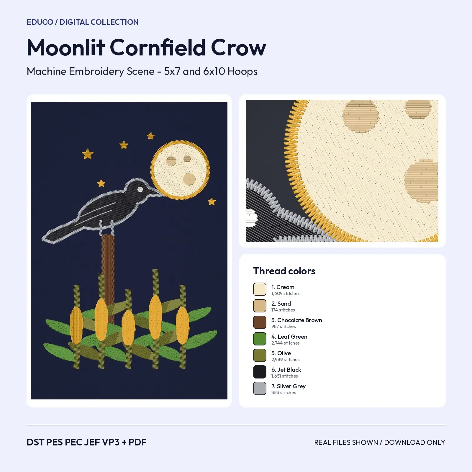 Moonlit Cornfield with Crow on a Post Machine Embroidery Design - Haunted Harvest Scene, 5x7 and 6x10 Hoop, preview 1 of 4