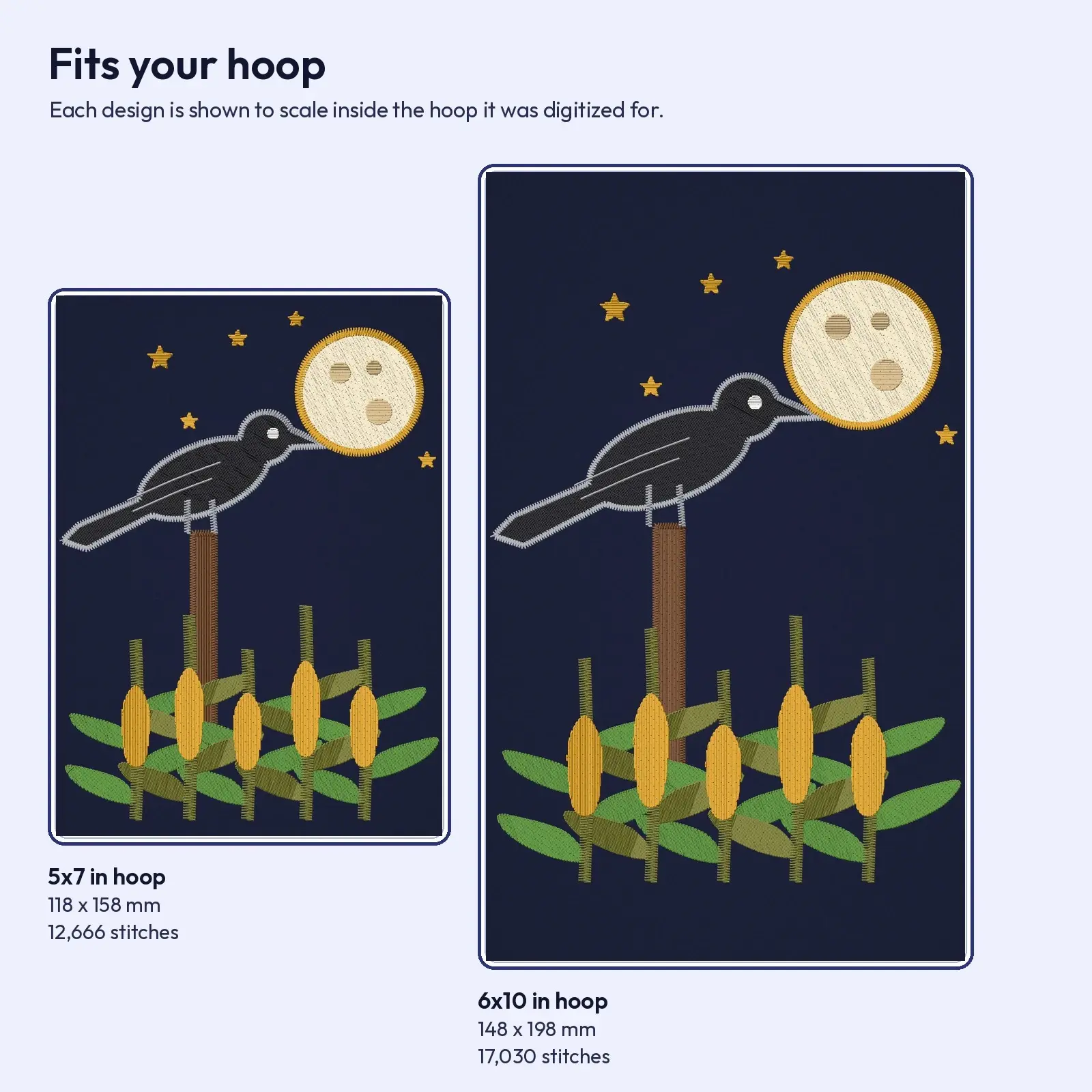 Moonlit Cornfield with Crow on a Post Machine Embroidery Design - Haunted Harvest Scene, 5x7 and 6x10 Hoop, preview 3 of 4