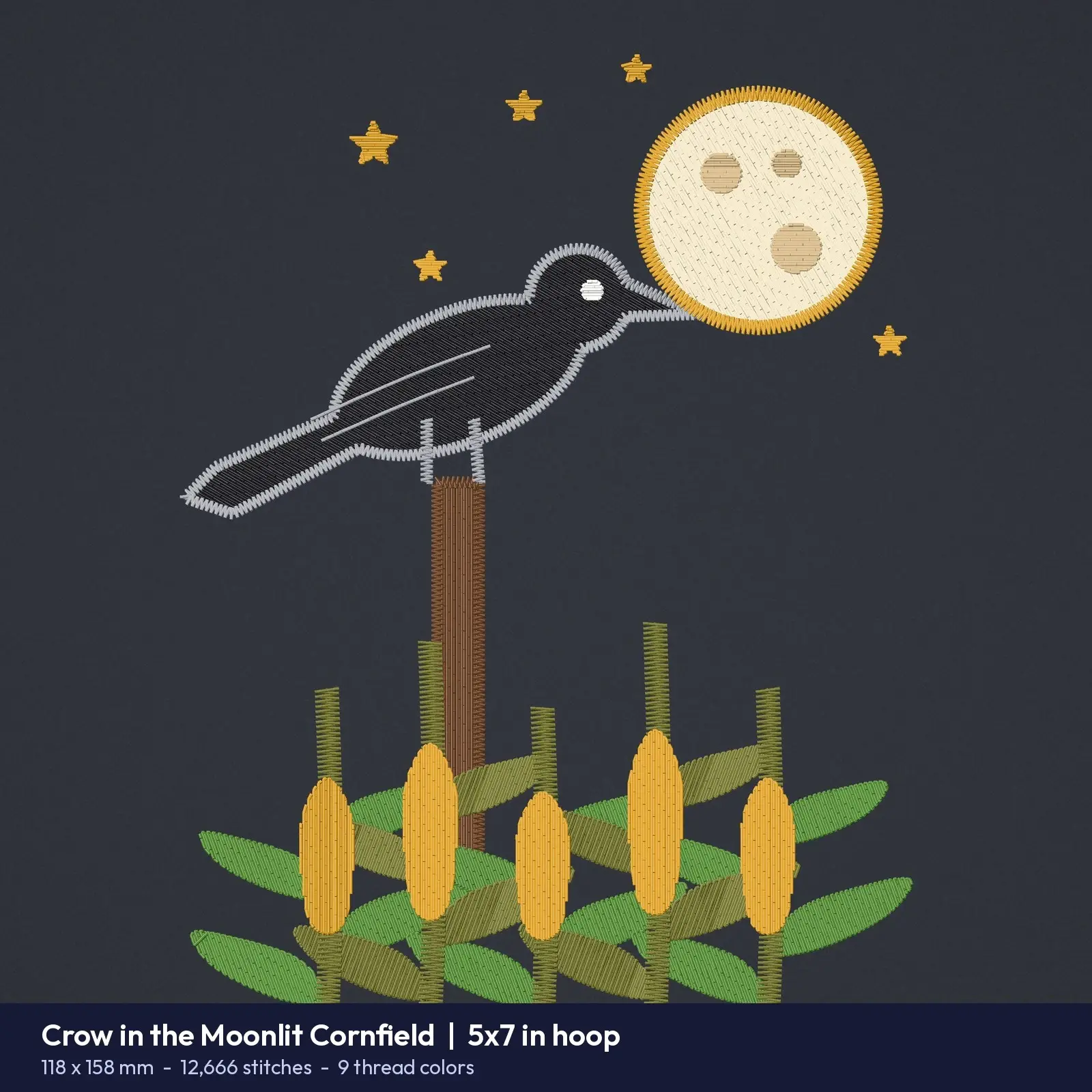 Moonlit Cornfield with Crow on a Post Machine Embroidery Design - Haunted Harvest Scene, 5x7 and 6x10 Hoop, preview 2 of 4