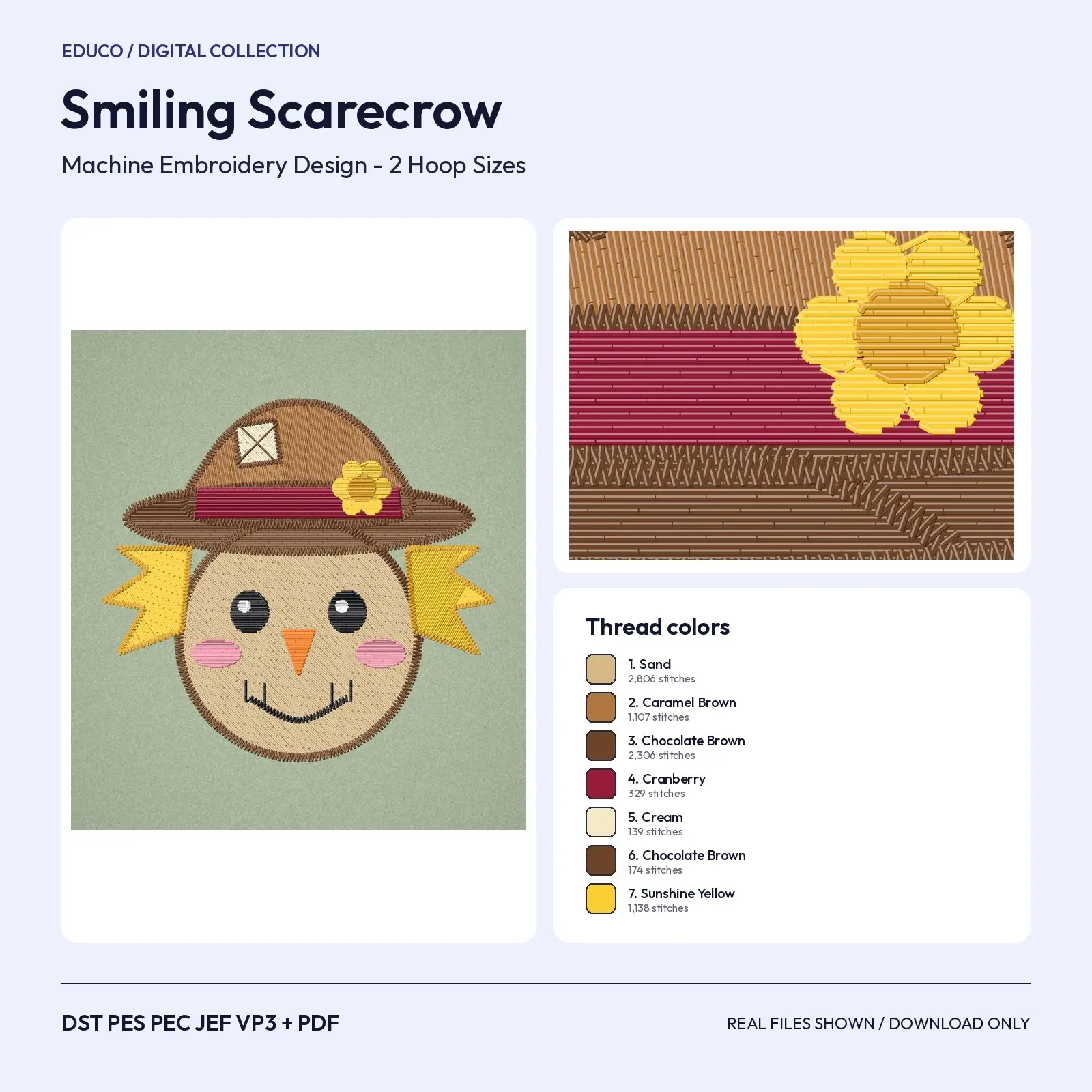 Smiling Scarecrow Face Machine Embroidery Design - Straw Hat with Sunflower, 4x4 and 5x7 Hoop preview