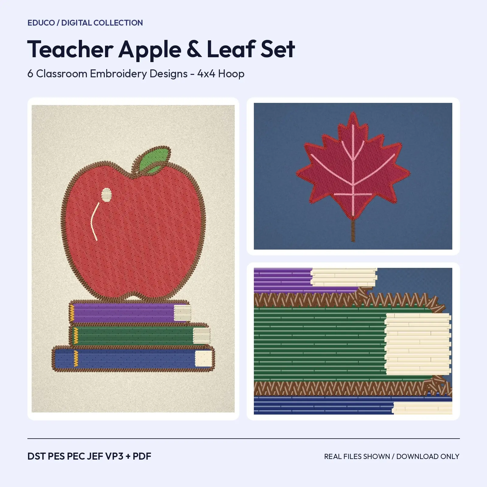 Teacher Apple and Leaf Shapes Classroom Embroidery Set - 6 Designs for Fall Science Lessons, 4x4 Hoop preview