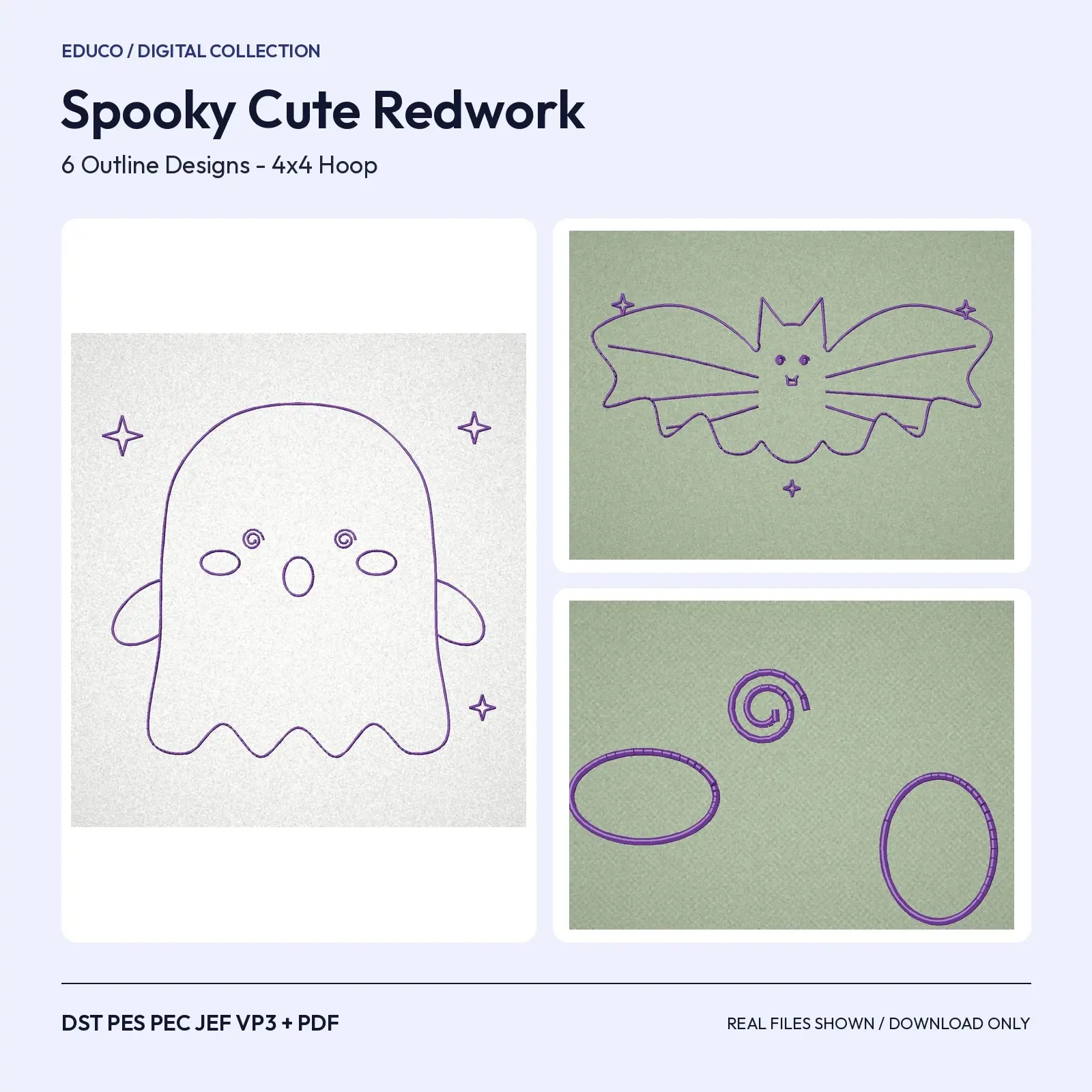 Spooky Cute Redwork Machine Embroidery Set - Ghost, Bat, Spider and Candy Outlines, 4x4 Hoop preview