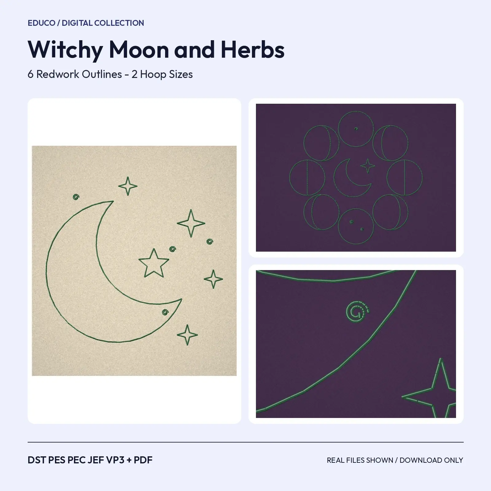 Witchy Moon and Herb Redwork Machine Embroidery Designs - 6 Apothecary Outlines, 4x4 and 5x7 preview