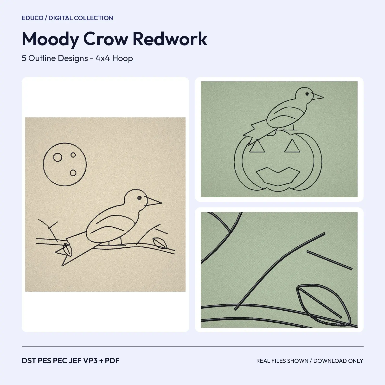 Crow Redwork Machine Embroidery Set - 5 Moody Halloween Outline Designs, 4x4 Hoop preview