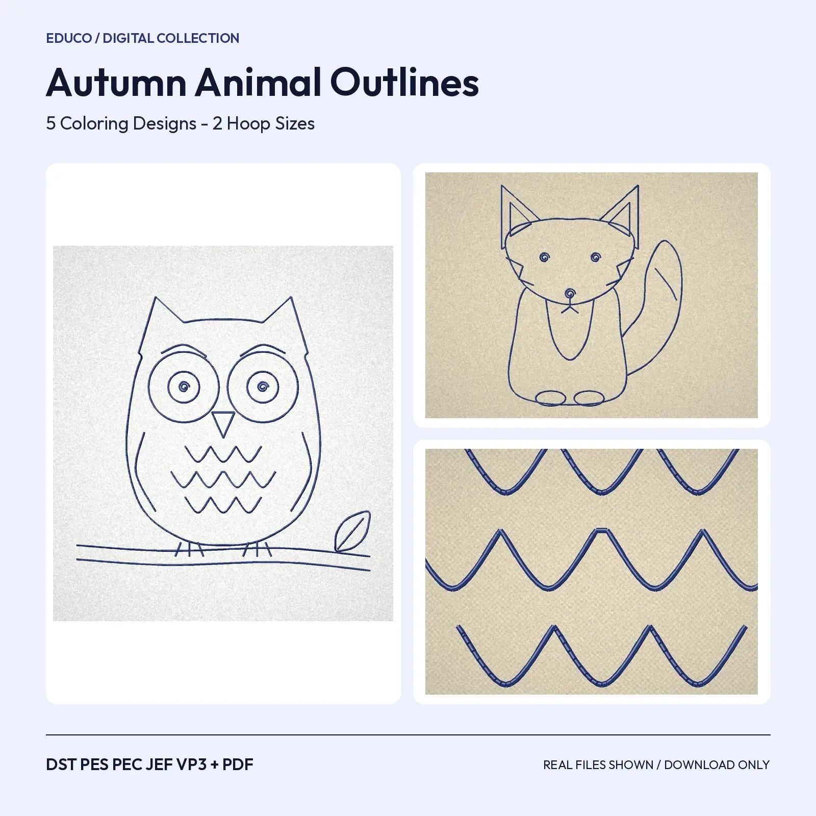 Autumn Animal Coloring Book Embroidery Designs - Owl, Fox, Hedgehog, Squirrel and Turkey Outlines preview