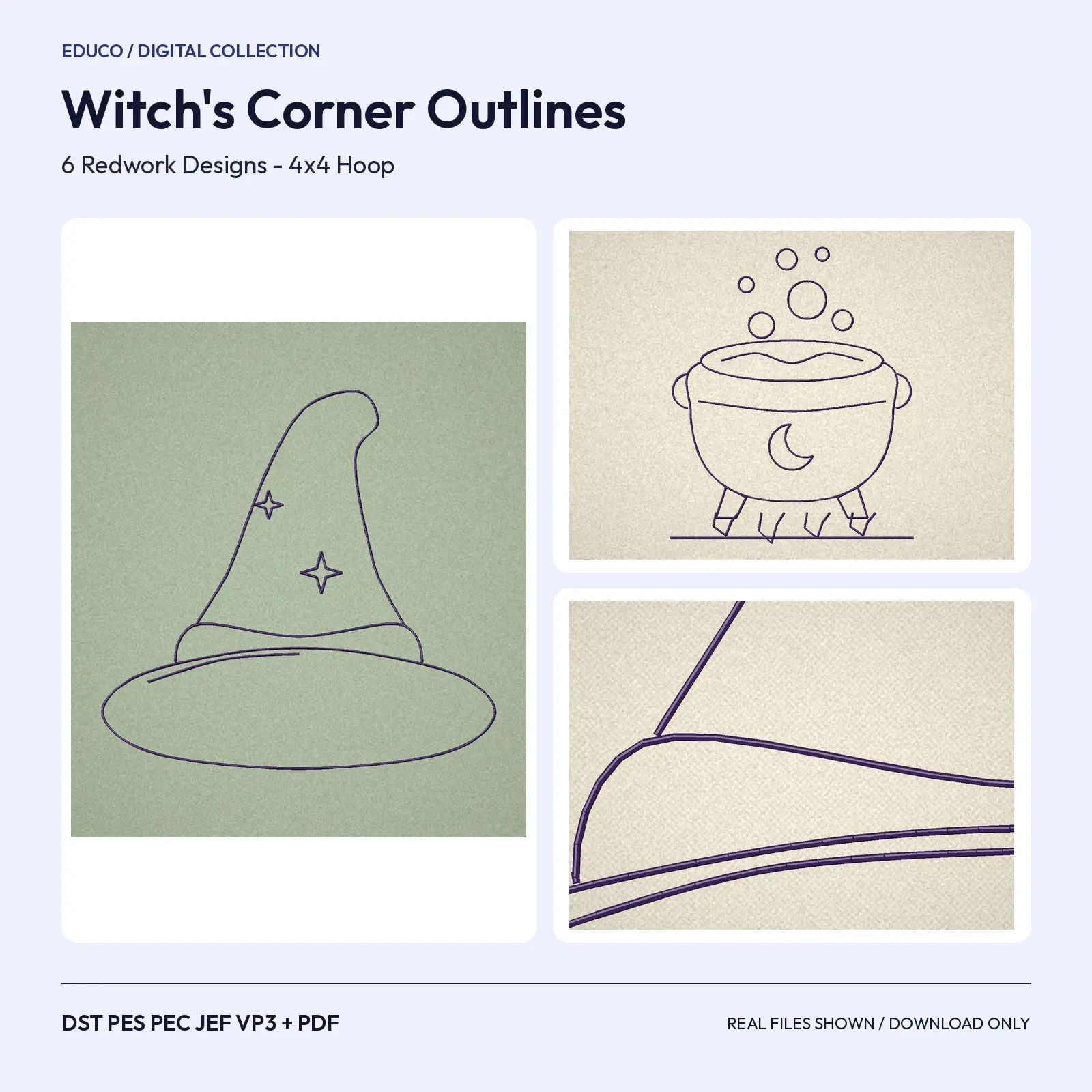 Witch's Corner Outline Machine Embroidery Set - Hat, Cauldron, Broom, Cat, Spell Book and Owl preview