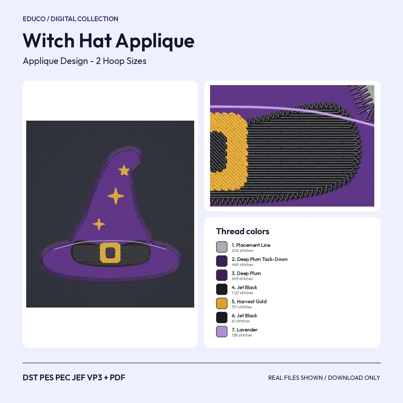 Witch Hat Applique Machine Embroidery Design with Gold Stars - 4x4 and 5x7 Hoop preview