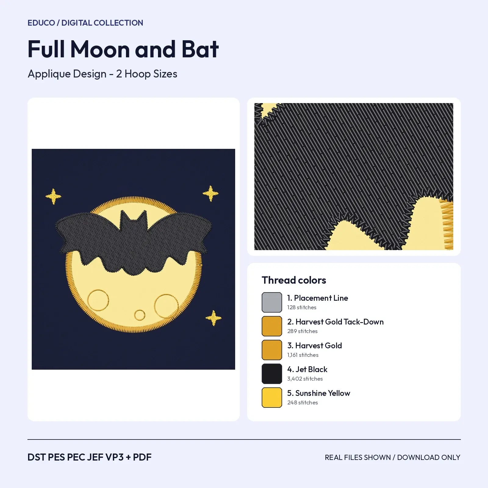Full Moon and Bat Applique Machine Embroidery Design - Halloween Night Sky, 4x4 and 5x7 preview