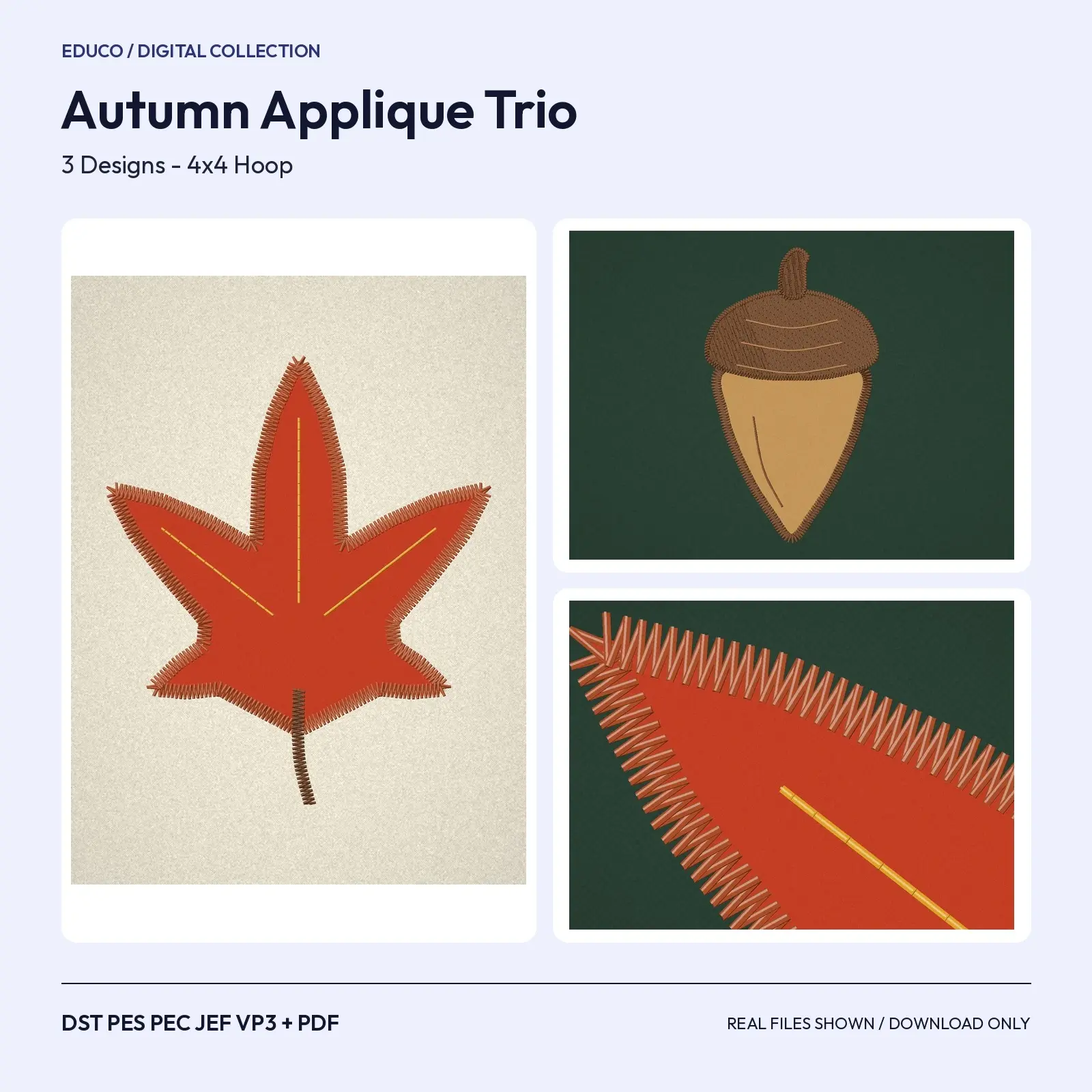 Autumn Applique Trio Machine Embroidery Designs - Maple Leaf, Acorn and Owl, 4x4 Hoop preview