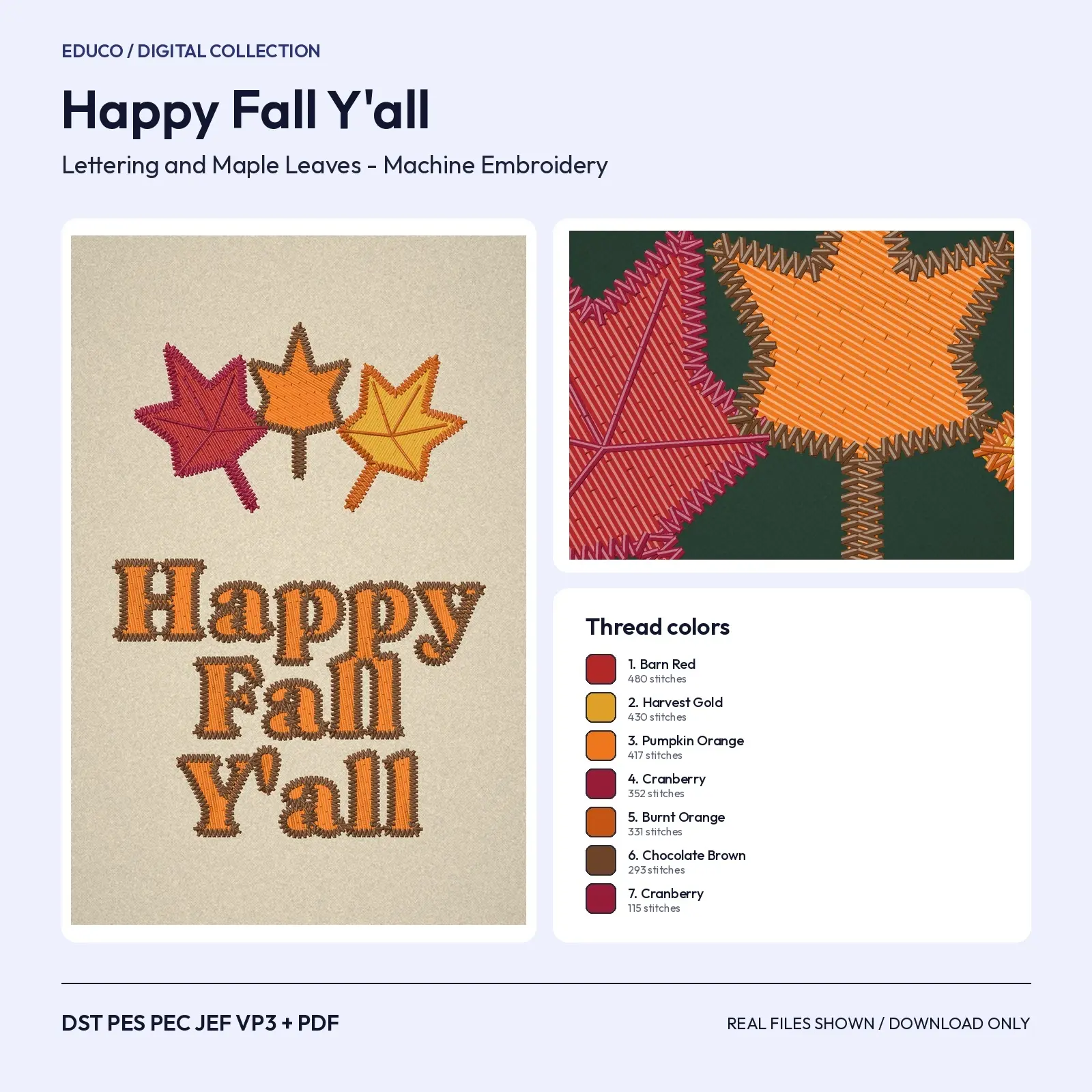 Happy Fall Y'all Lettering with Maple Leaves - Machine Embroidery Design, 4x4 and 5x7 preview