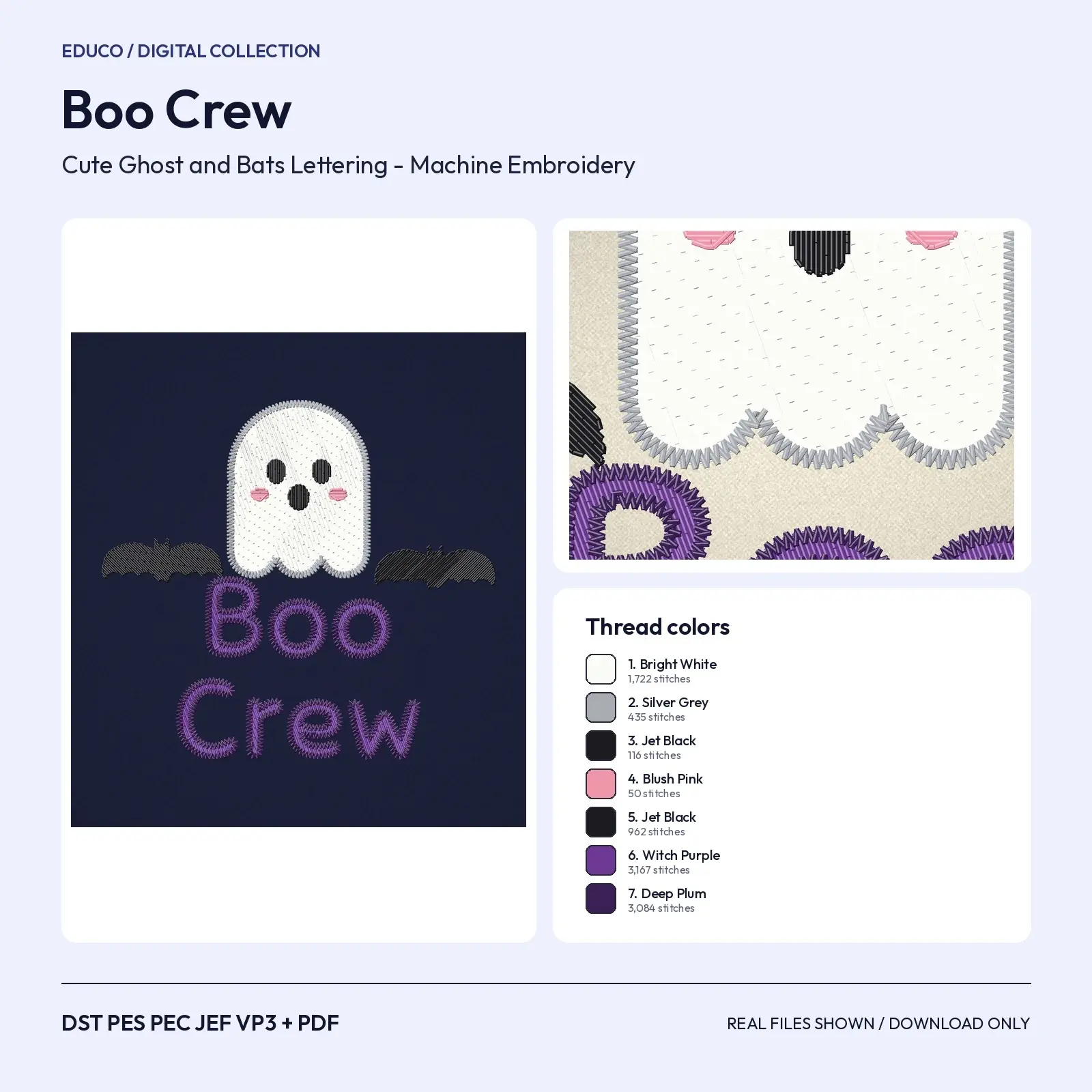 Boo Crew Ghost and Bats Lettering - Cute Halloween Machine Embroidery Design, 4x4 and 5x7 preview