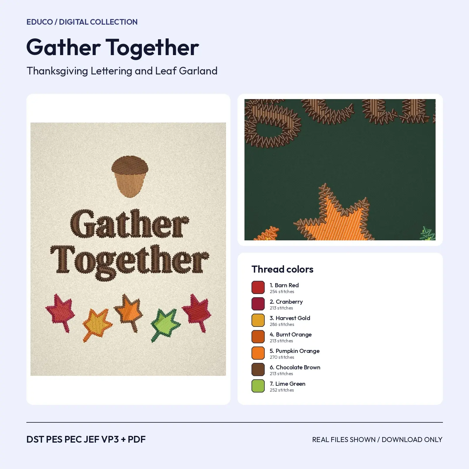 Gather Together Lettering with Leaf Garland - Thanksgiving Machine Embroidery Design, 4x4 and 5x7, preview 1 of 4