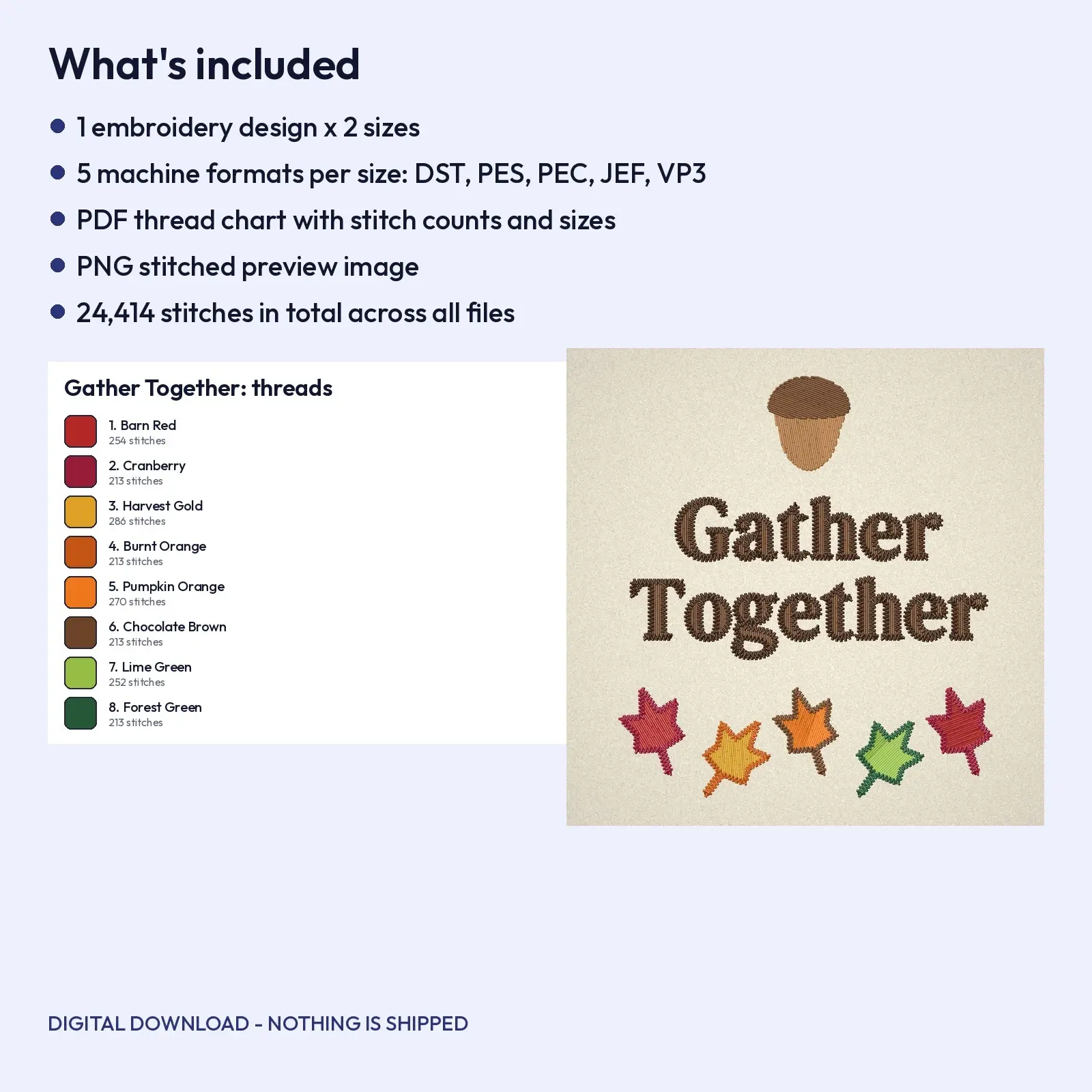 Gather Together Lettering with Leaf Garland - Thanksgiving Machine Embroidery Design, 4x4 and 5x7, preview 4 of 4