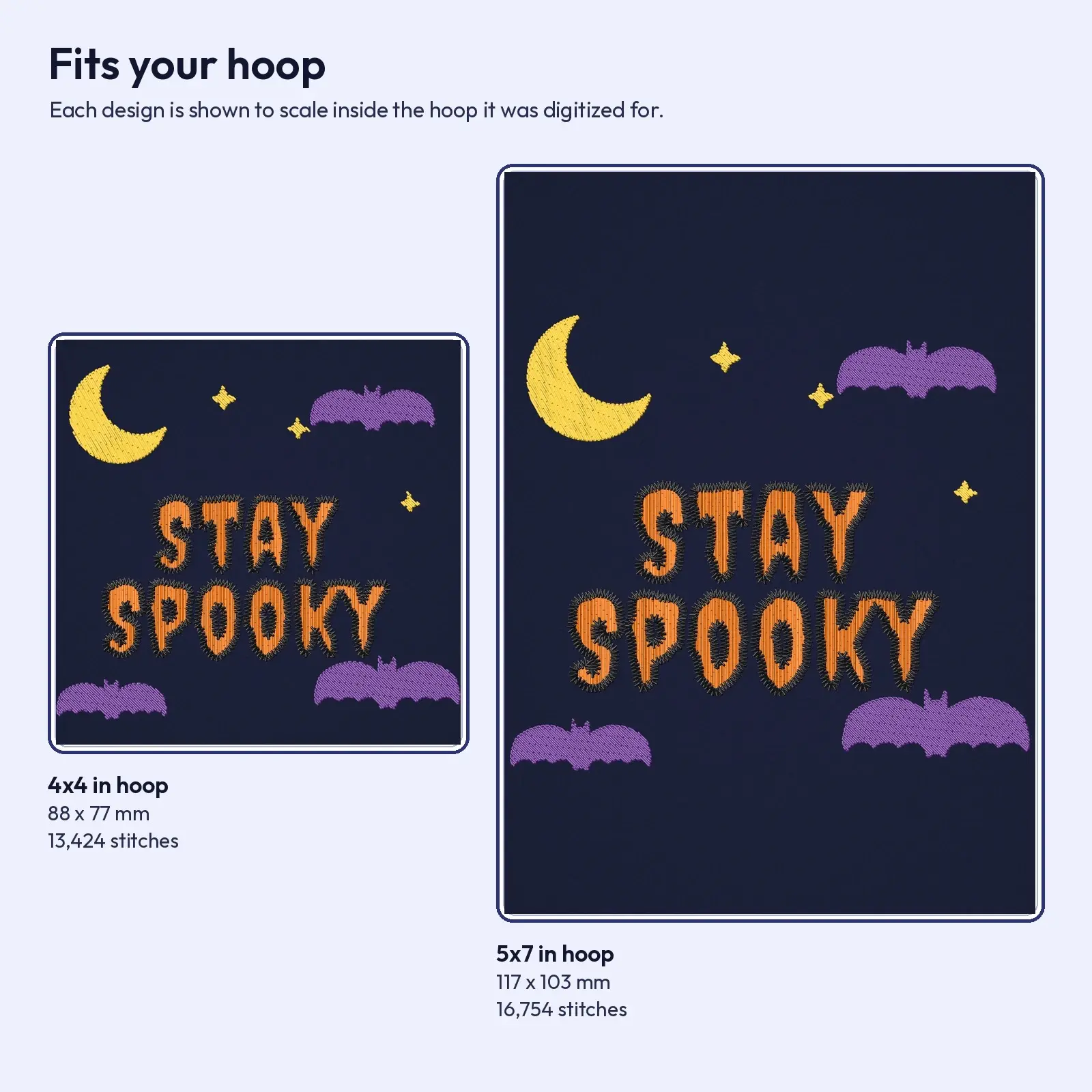 Stay Spooky Lettering with Crescent Moon and Bats - Halloween Machine Embroidery Design, 4x4 and 5x7, preview 3 of 4