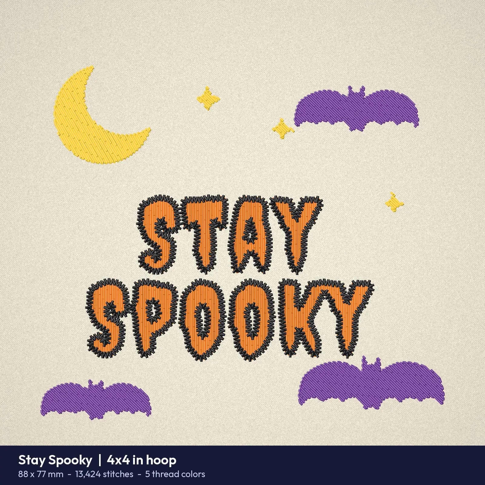 Stay Spooky Lettering with Crescent Moon and Bats - Halloween Machine Embroidery Design, 4x4 and 5x7, preview 2 of 4