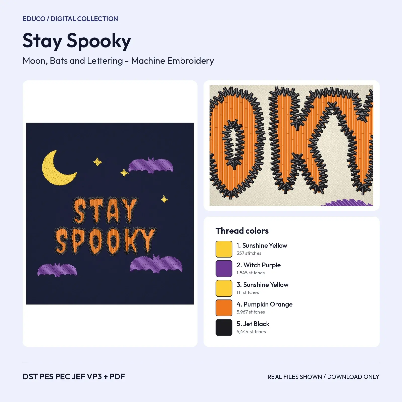 Stay Spooky Lettering with Crescent Moon and Bats - Halloween Machine Embroidery Design, 4x4 and 5x7 preview