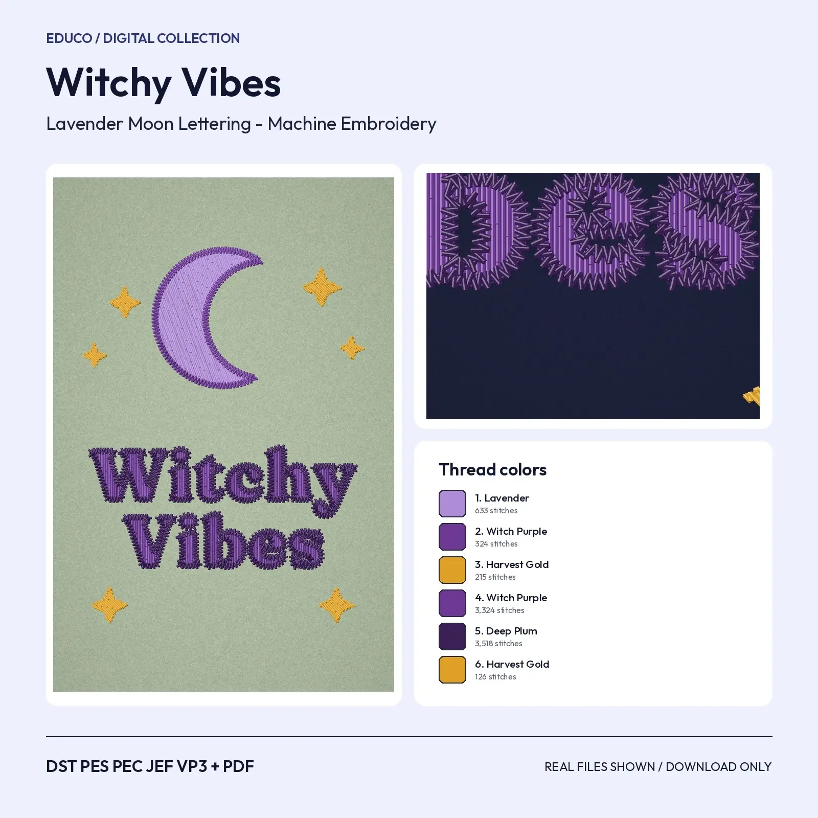 Witchy Vibes Lettering with Lavender Moon - Machine Embroidery Design for 4x4 and 5x7 Hoops preview