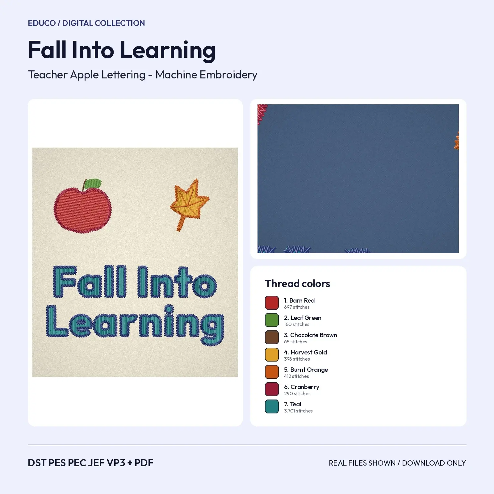 Fall Into Learning Lettering with Apple and Leaf - Teacher Machine Embroidery Design, 4x4 and 5x7 preview