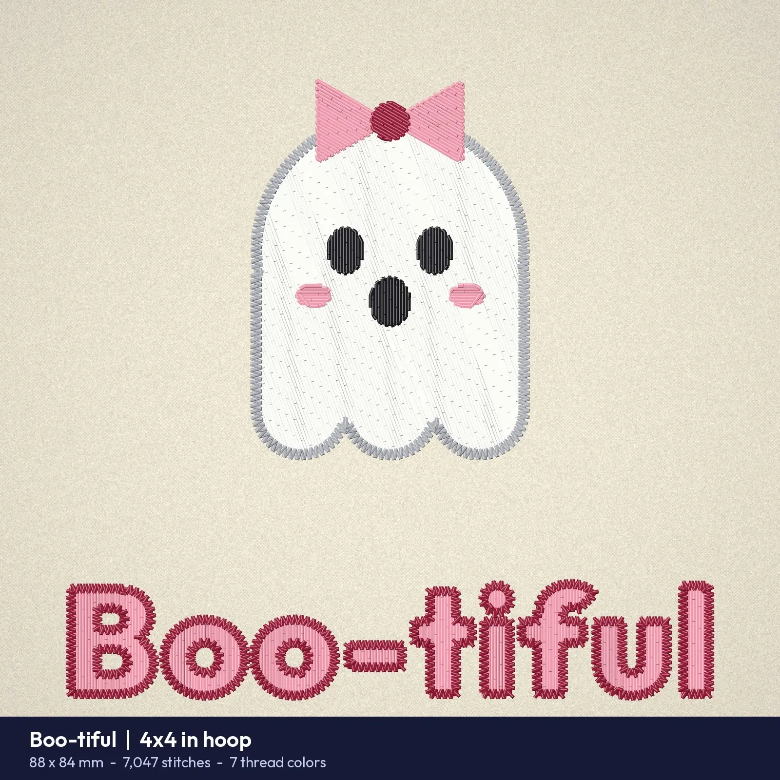 Boo-tiful Lettering with Ghost and Bow - Cute Machine Embroidery Design, 4x4 and 5x7, preview 2 of 4