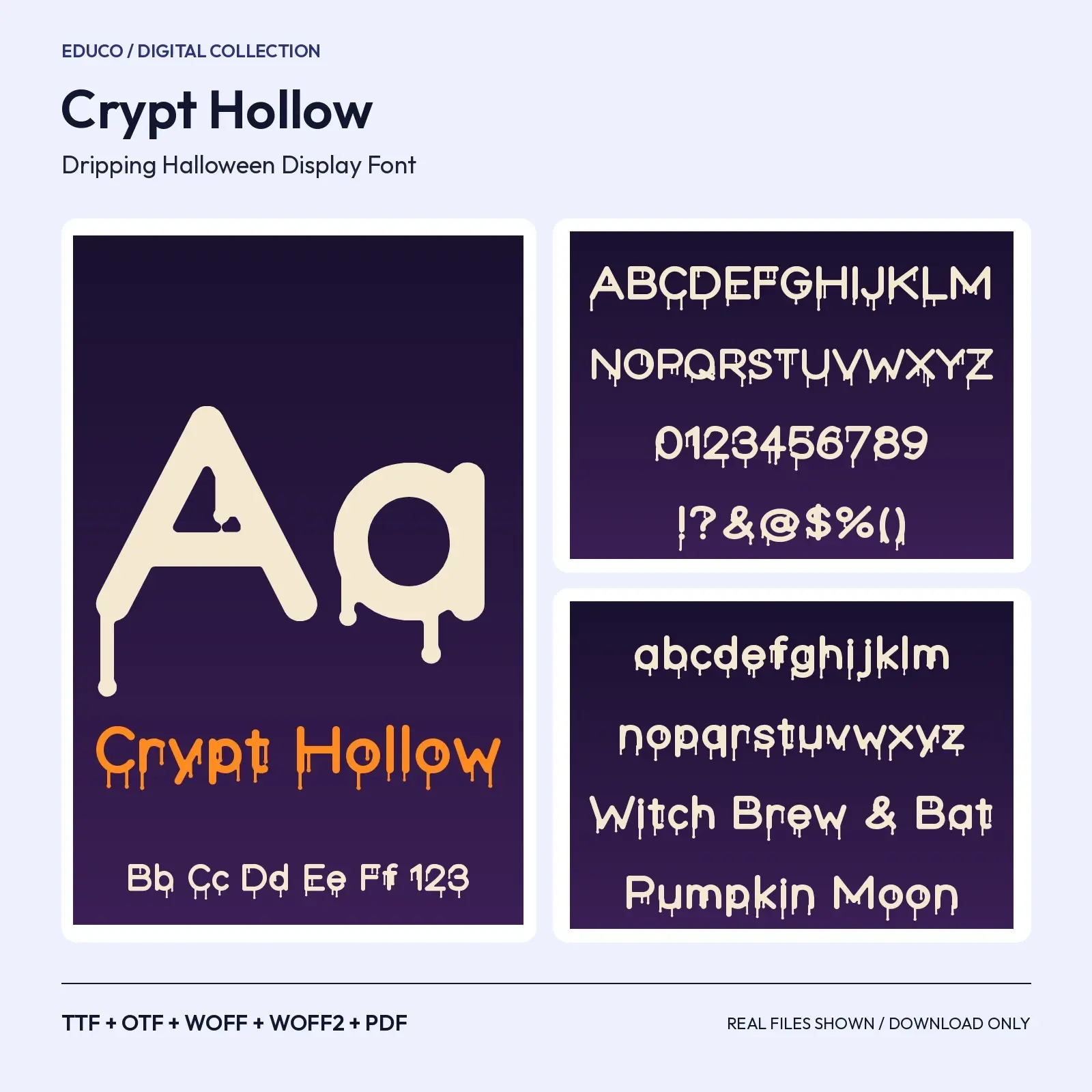 Crypt Hollow Dripping Halloween Font – TTF, OTF, WOFF, WOFF2 + Specimen PDF preview