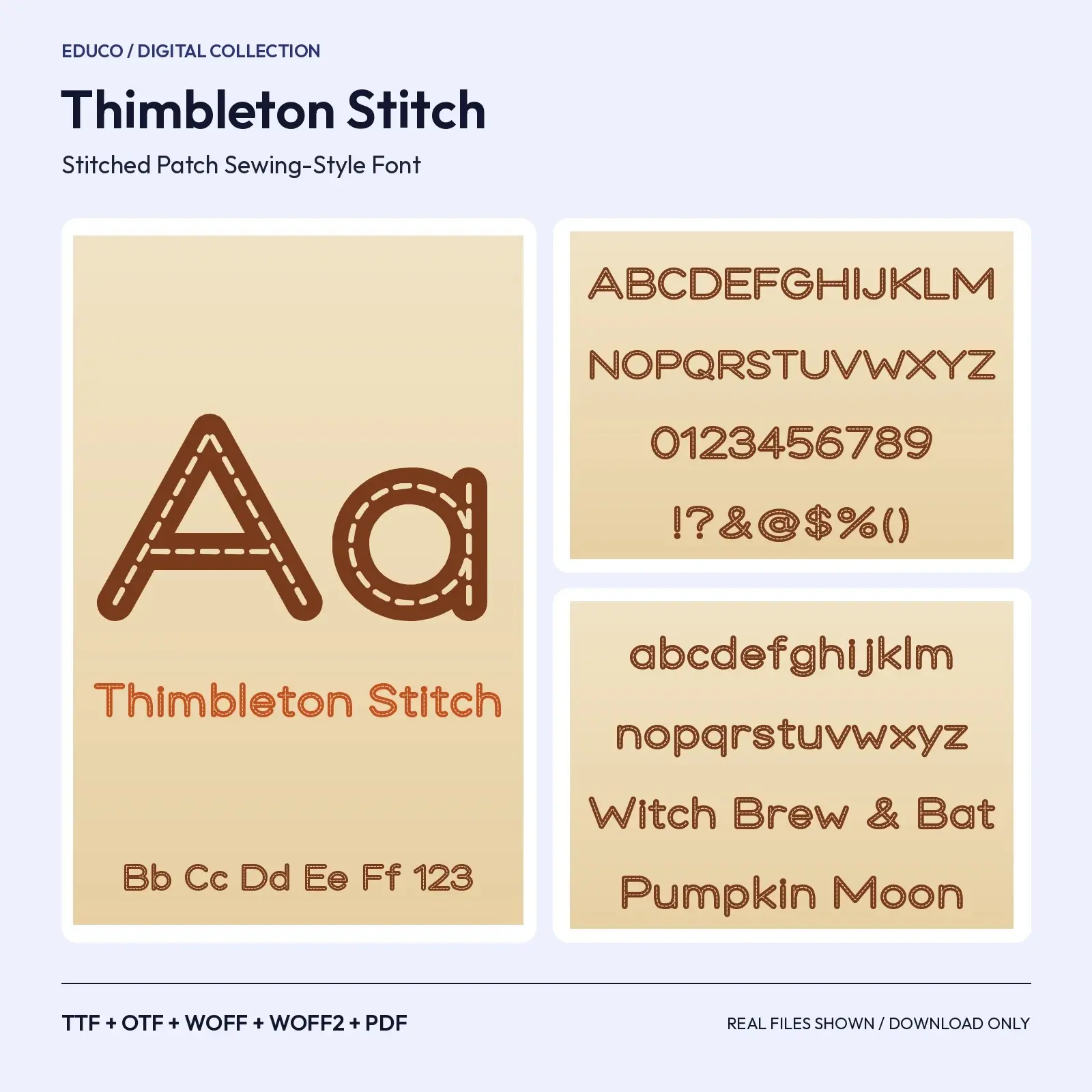 Thimbleton Stitch Stitched Patch Font – TTF, OTF, WOFF, WOFF2 + Specimen PDF preview