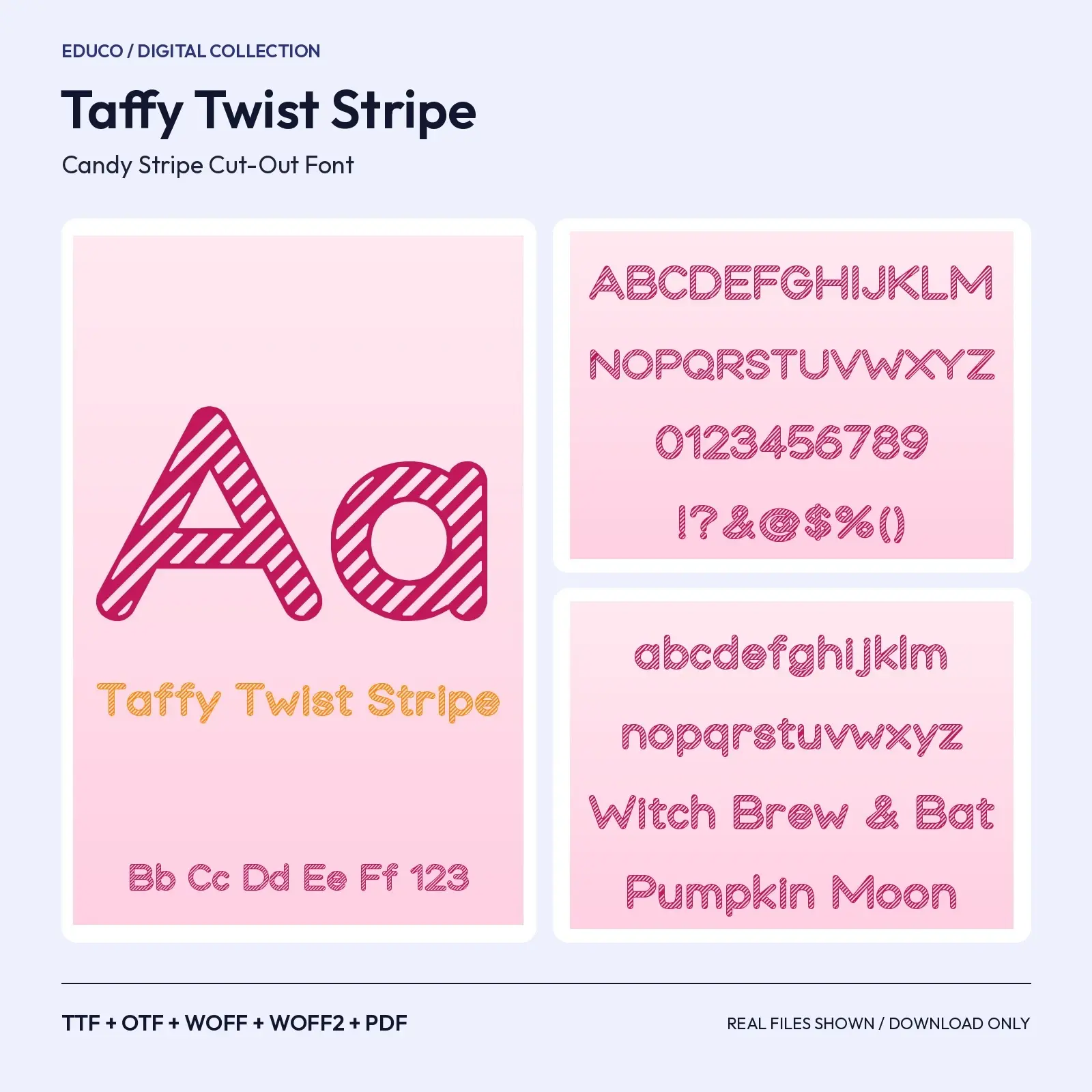 Taffy Twist Stripe Candy Stripe Cut-Out Font – TTF, OTF, WOFF, WOFF2 + Specimen PDF preview