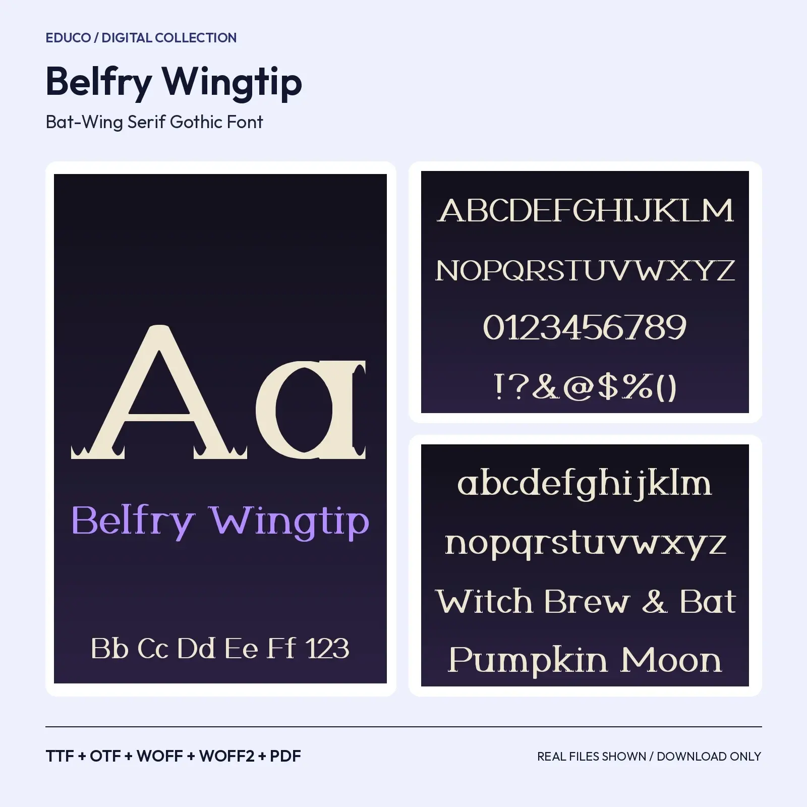 Belfry Wingtip Bat-Wing Serif Gothic Font – TTF, OTF, WOFF, WOFF2 + Specimen PDF preview