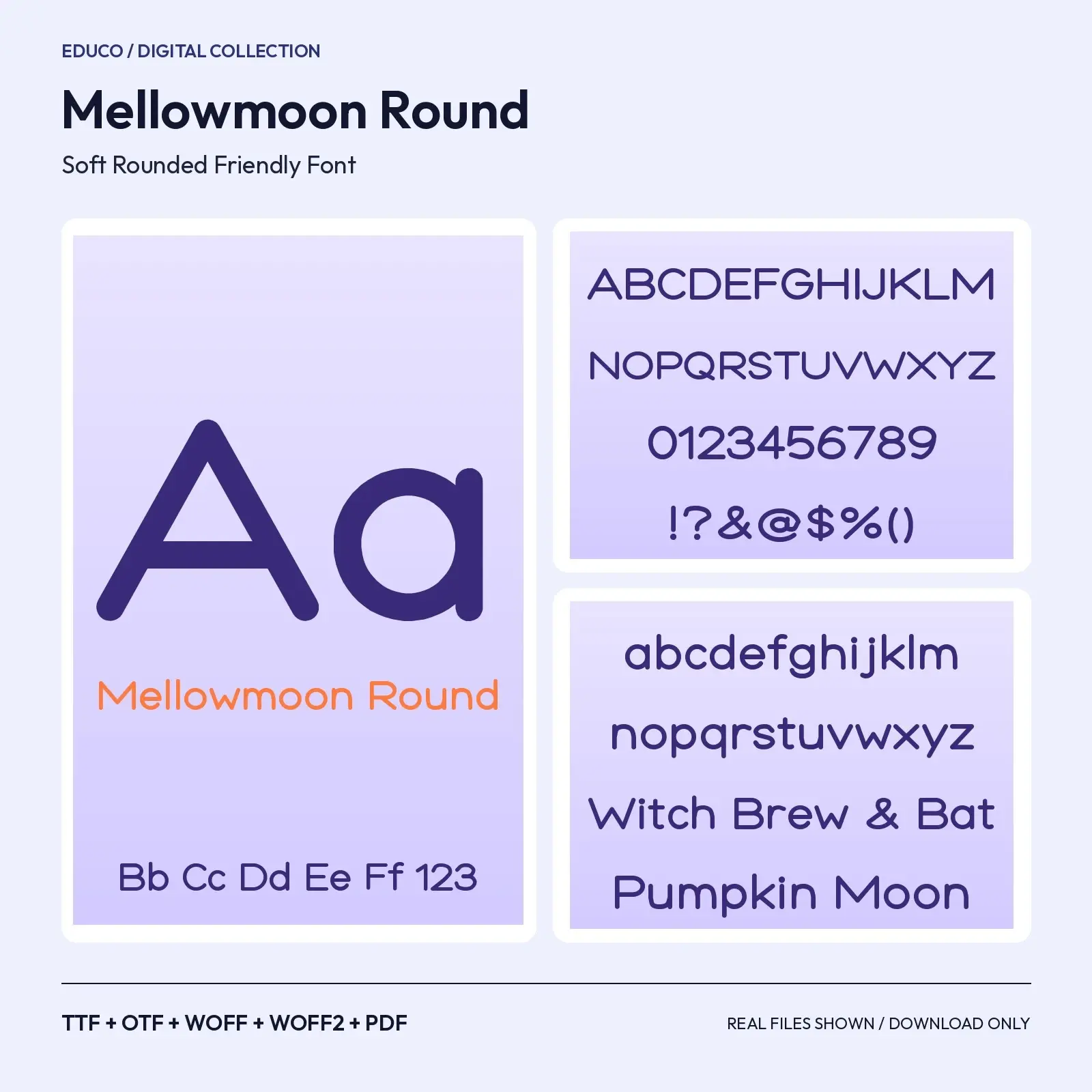 Mellowmoon Round Soft Rounded Friendly Font – TTF, OTF, WOFF, WOFF2 + Specimen PDF preview