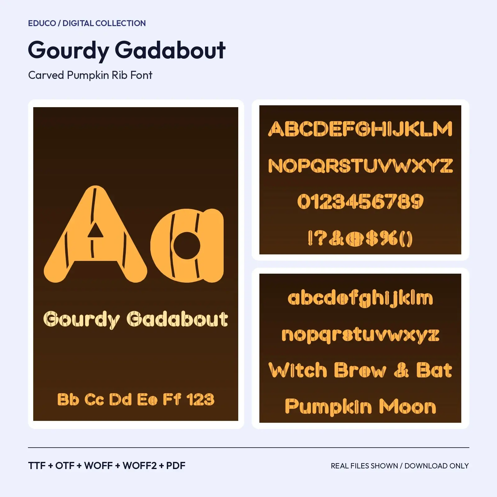 Gourdy Gadabout Carved Pumpkin Rib Font – TTF, OTF, WOFF, WOFF2 + Specimen PDF preview