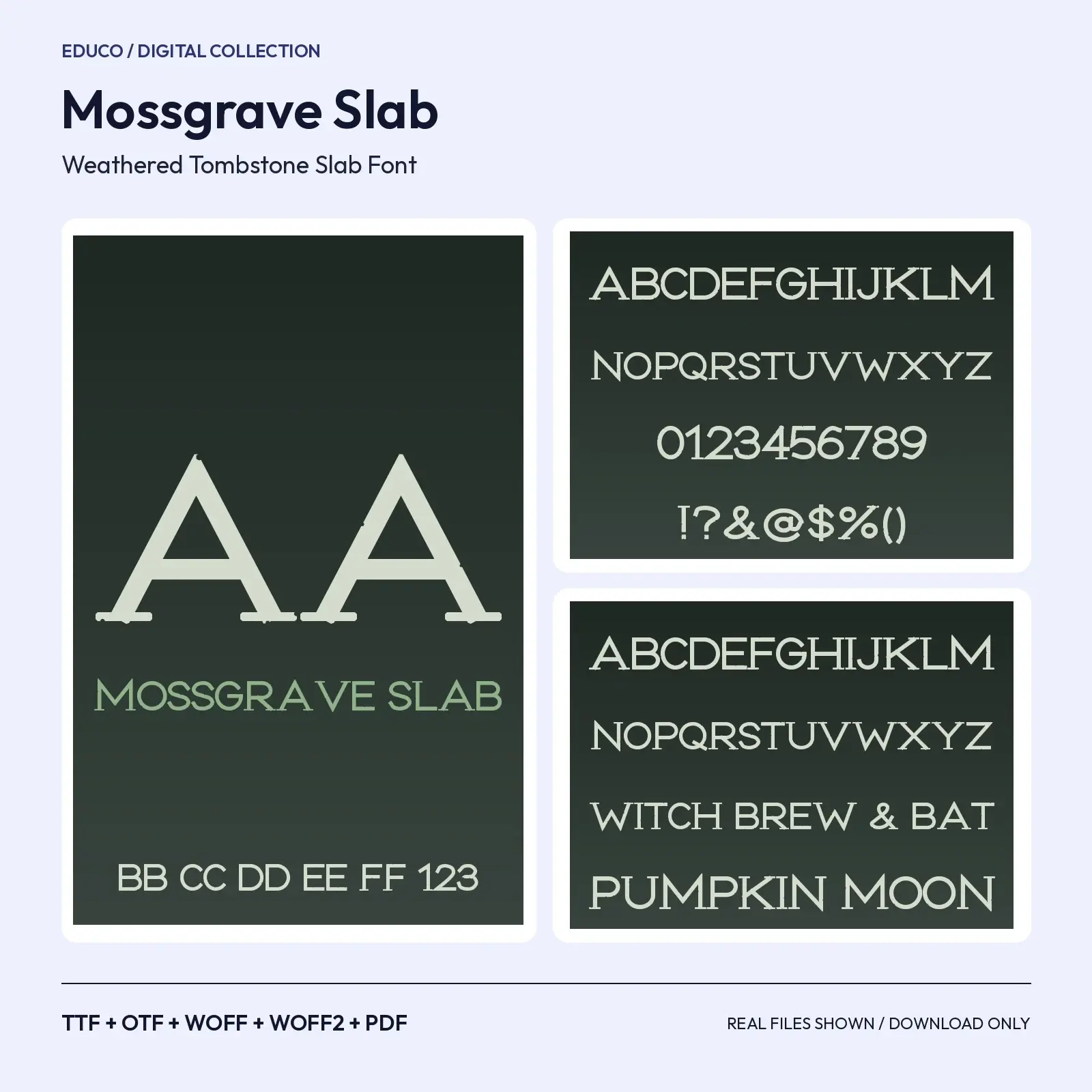 Mossgrave Slab Weathered Tombstone Slab Font – TTF, OTF, WOFF, WOFF2 + Specimen PDF preview