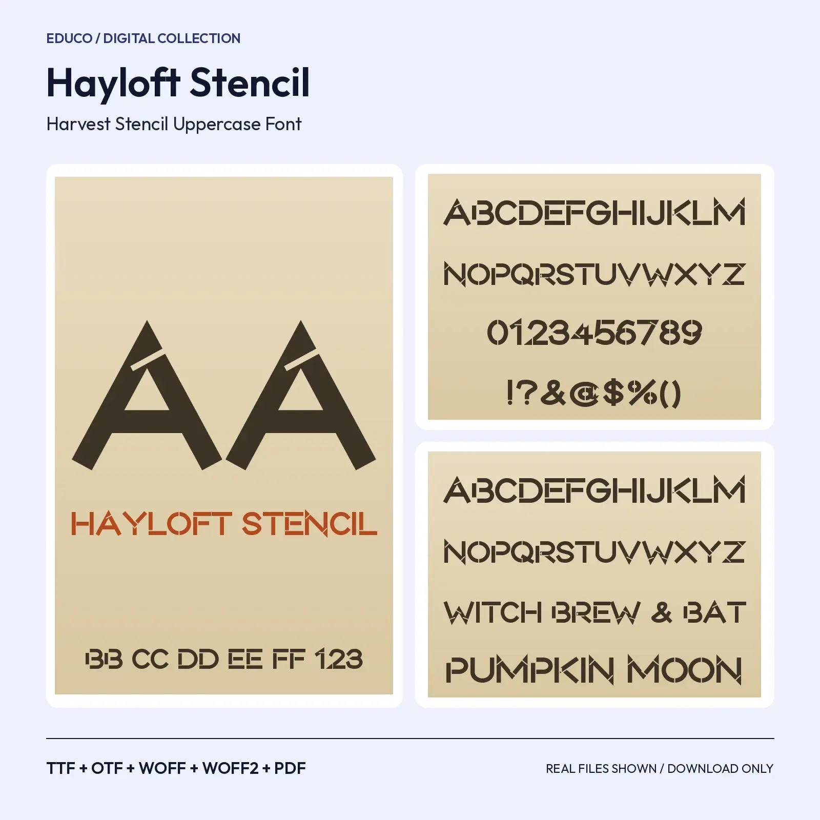 Hayloft Stencil Harvest Stencil Uppercase Font – TTF, OTF, WOFF, WOFF2 + Specimen PDF preview