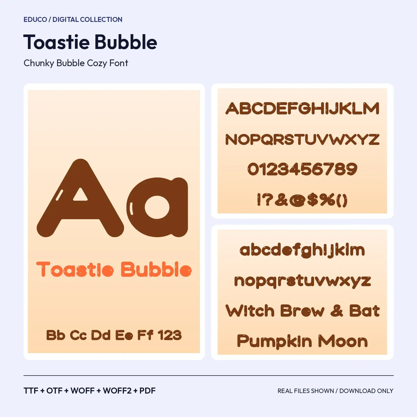 Toastie Bubble Chunky Bubble Cozy Font – TTF, OTF, WOFF, WOFF2 + Specimen PDF preview