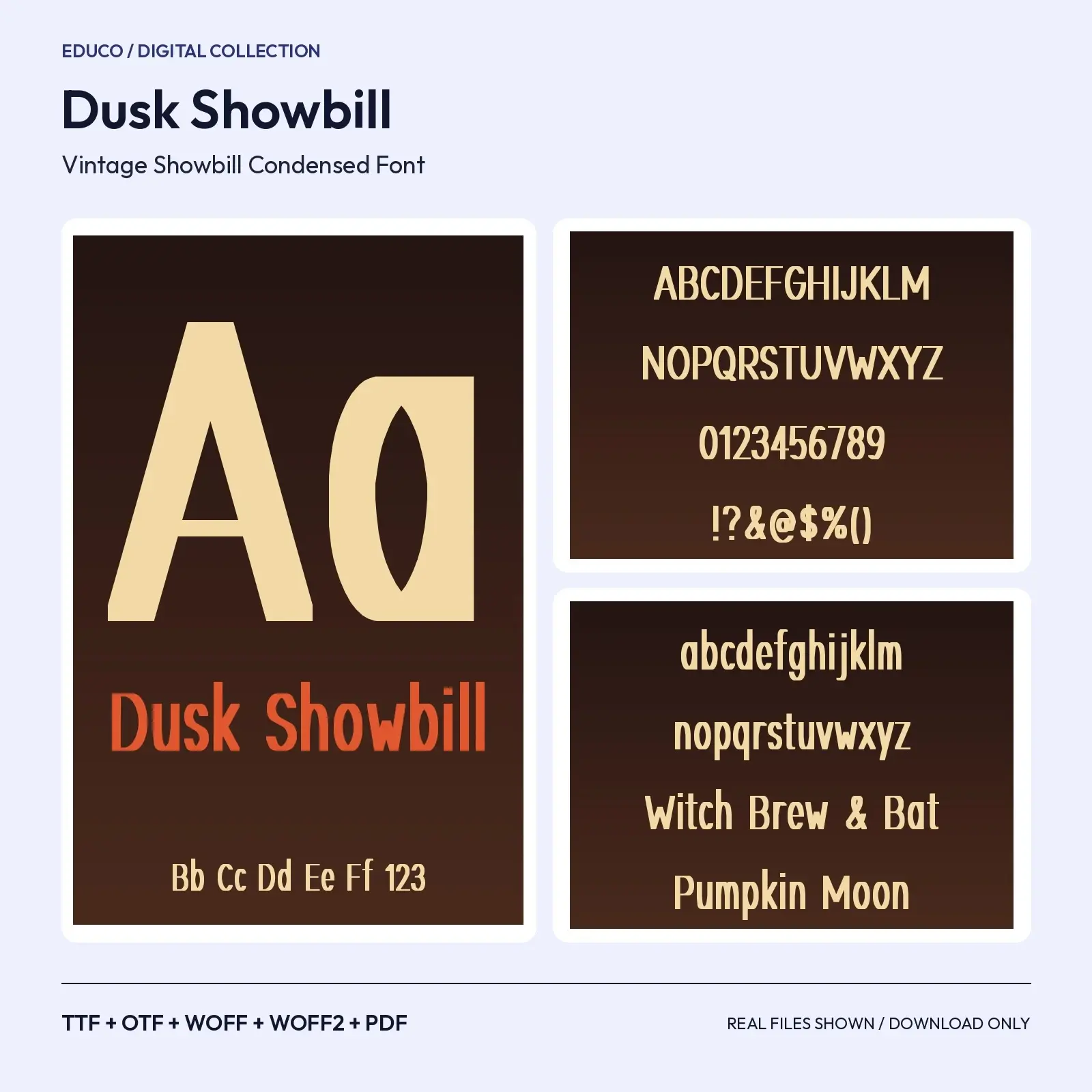 Dusk Showbill Vintage Showbill Condensed Font – TTF, OTF, WOFF, WOFF2 + Specimen PDF preview