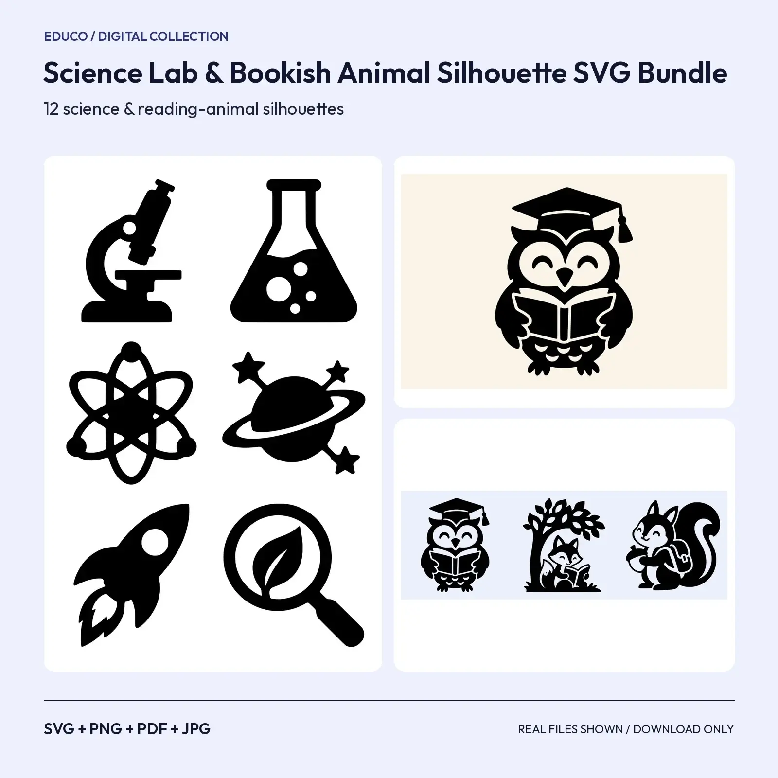 Science Lab & Bookish Animal Silhouette SVG Bundle – 12 Classroom Cut Files preview