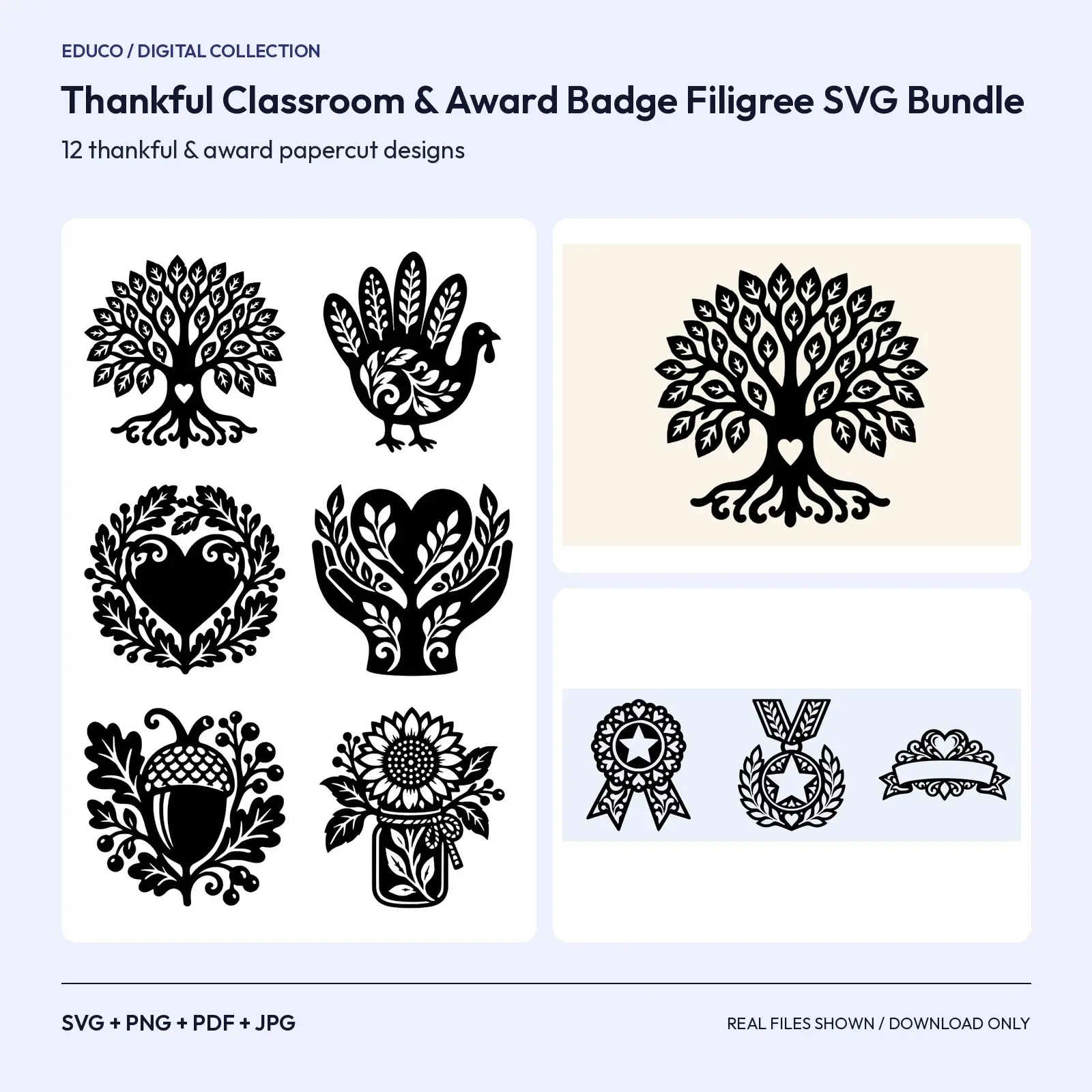 Thankful Classroom & Award Badge Filigree SVG Bundle – 12 Papercut Cut Files preview