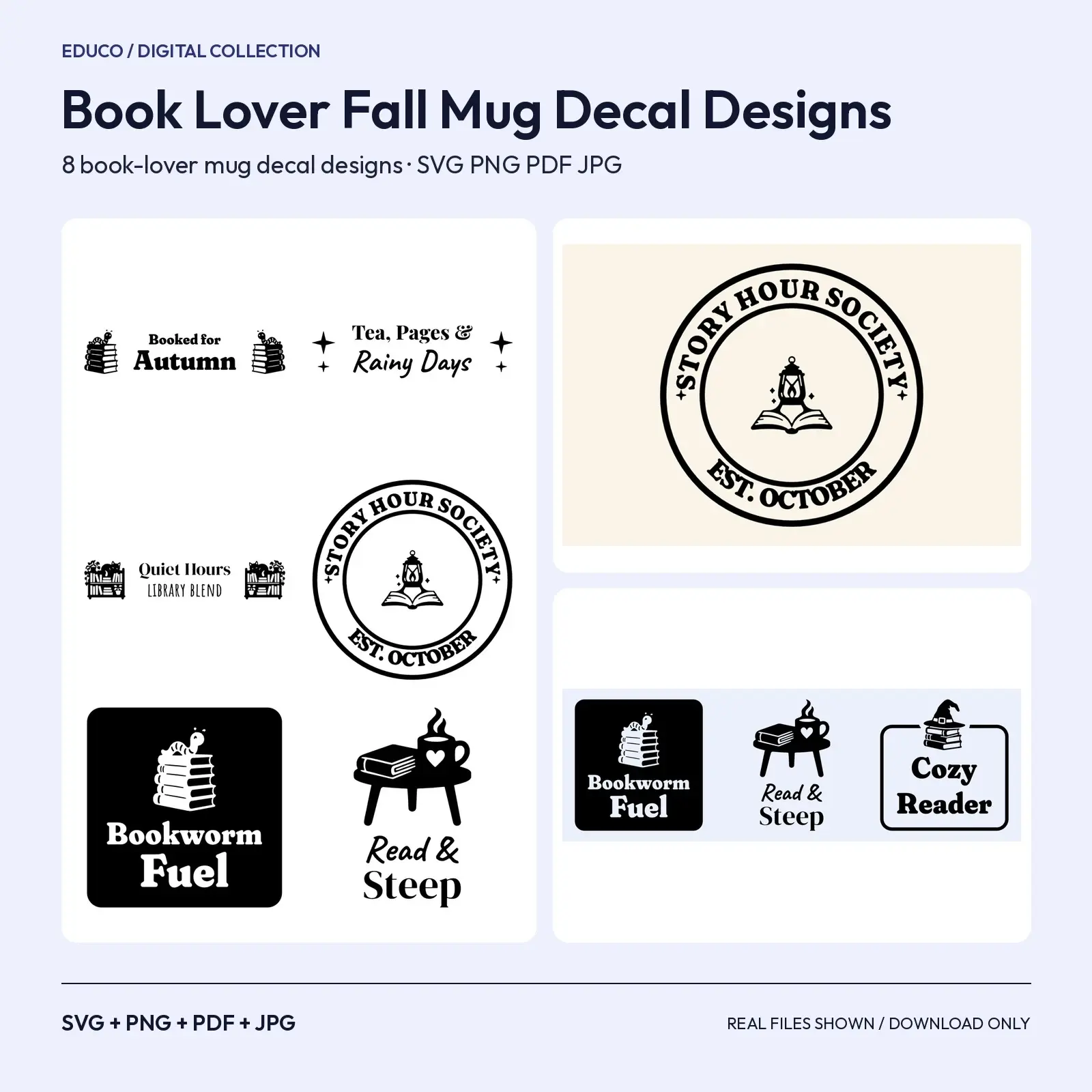 Book Lover Fall Mug Decal Designs – 8 Library and Reading SVG Cut Files for Mugs preview