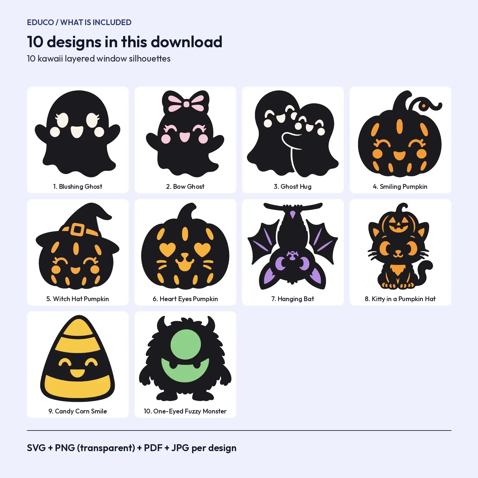 Kawaii Window Cling SVG Cut Files – 10 Layered Cute Ghost, Pumpkin and Monster Silhouettes, preview 2 of 3