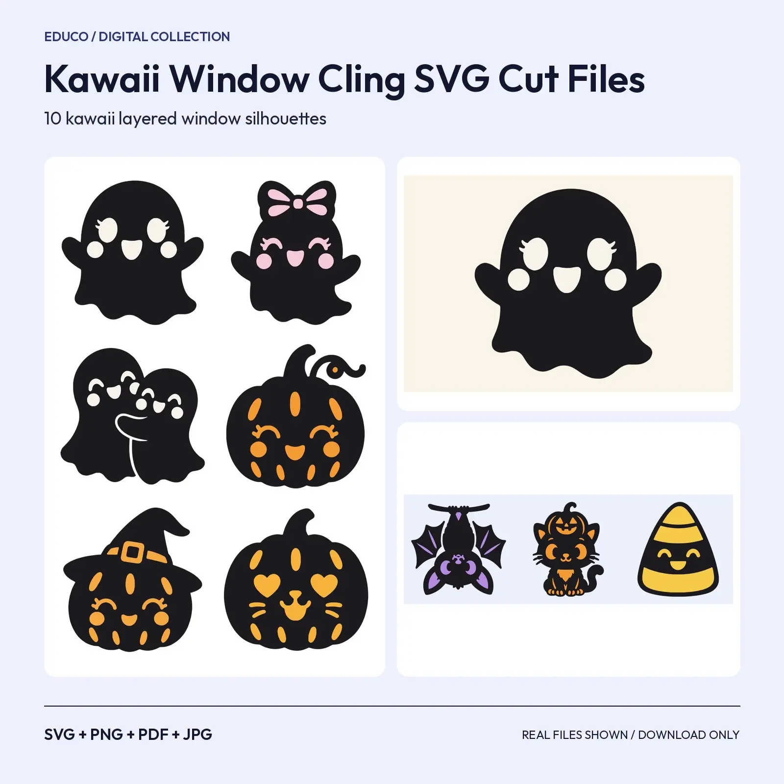 Kawaii Window Cling SVG Cut Files – 10 Layered Cute Ghost, Pumpkin and Monster Silhouettes, preview 1 of 3