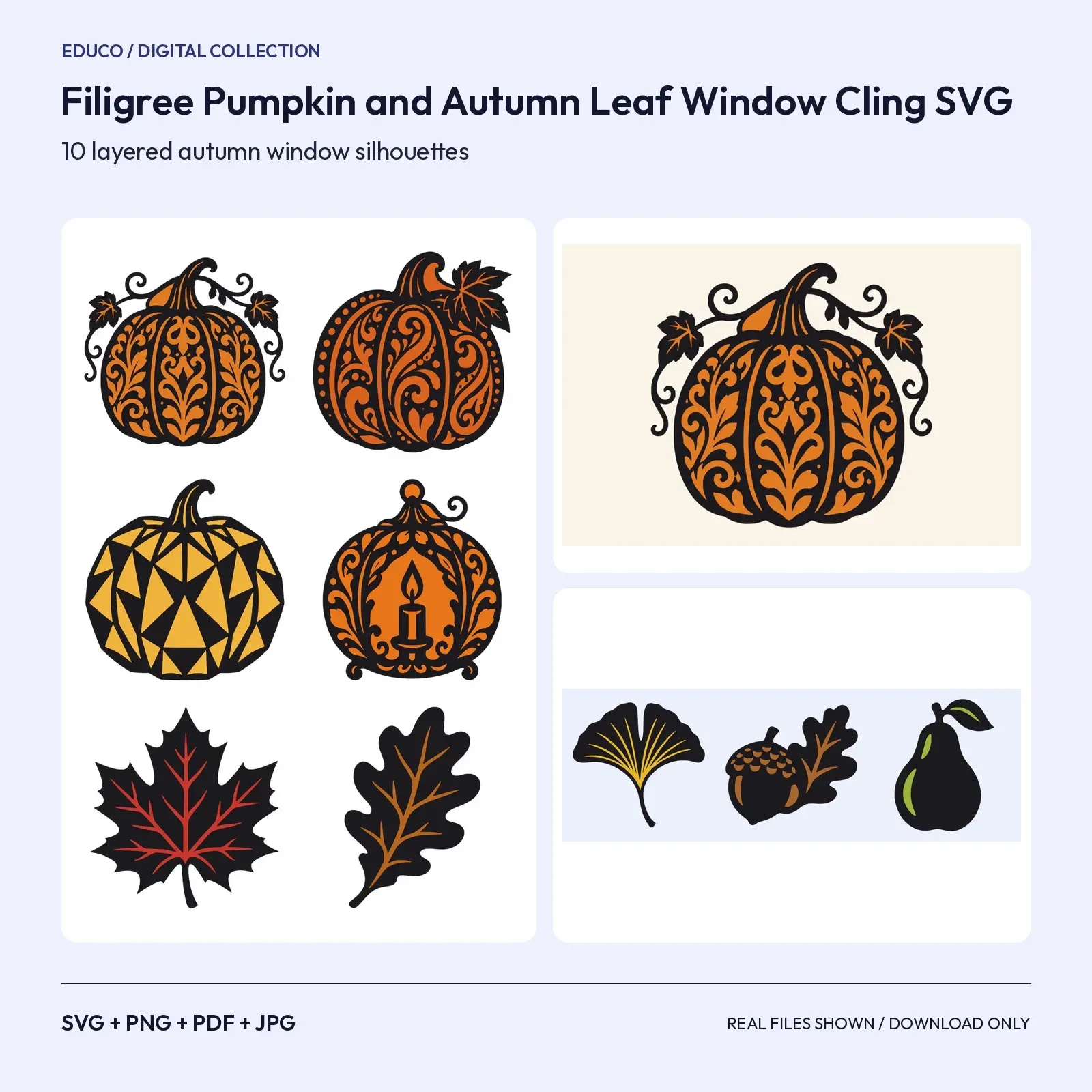 Filigree Pumpkin and Autumn Leaf Window Cling SVG – 10 Layered Fall Cut Files preview