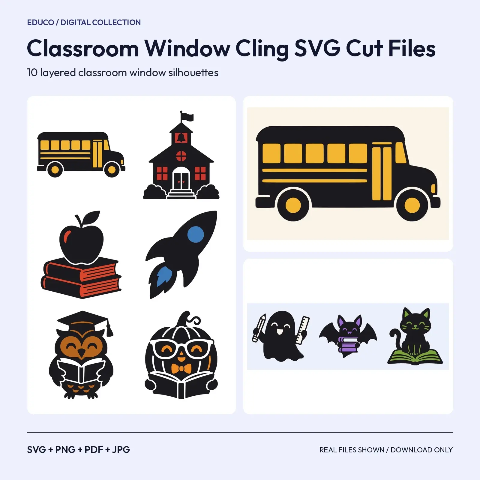 Classroom Window Cling SVG Cut Files – 10 Layered School Bus, Apple and Bookish Halloween Silhouettes preview