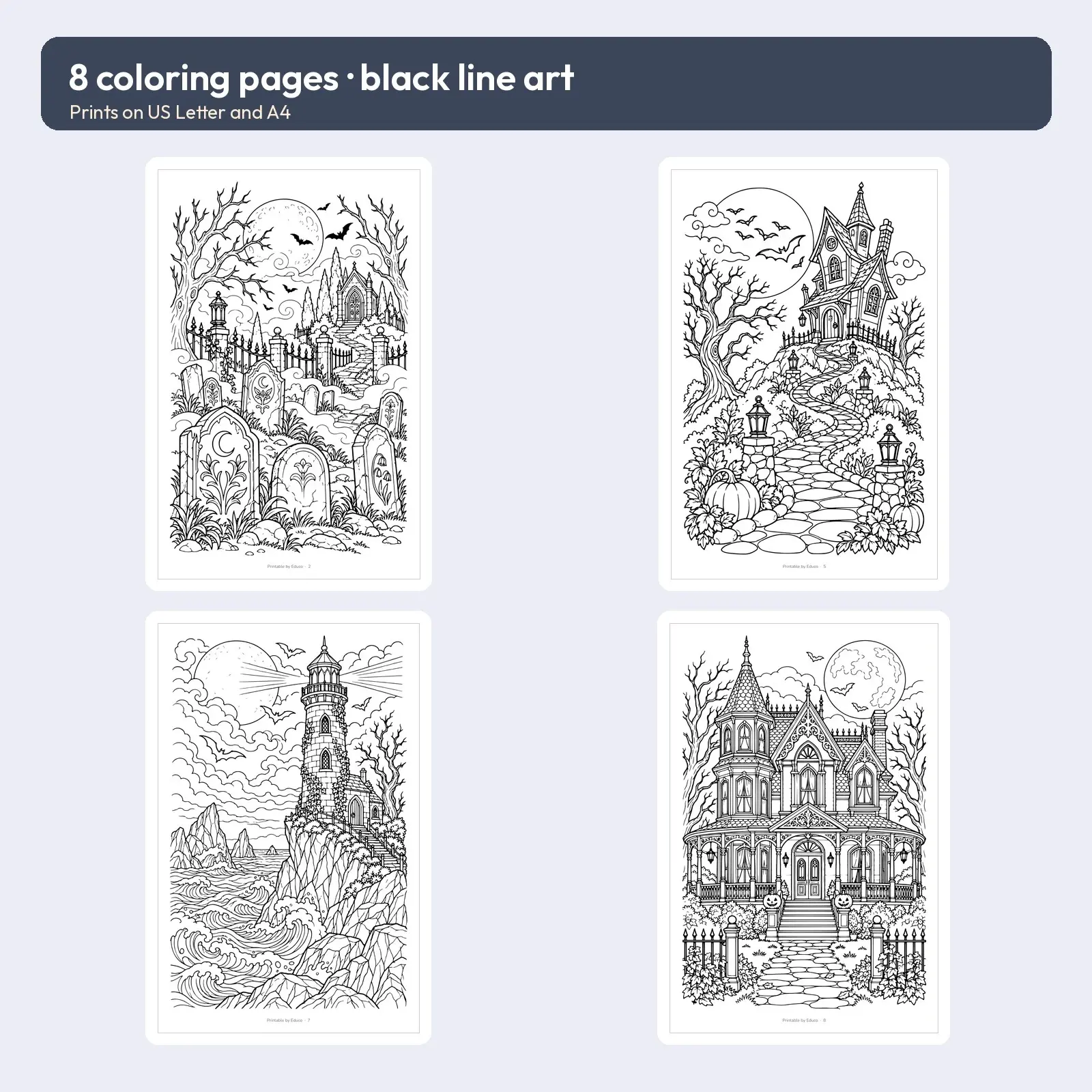 Haunted Houses and Moonlit Graveyards Adult Coloring Pages – 8 Detailed Printable Pages, preview 2 of 3